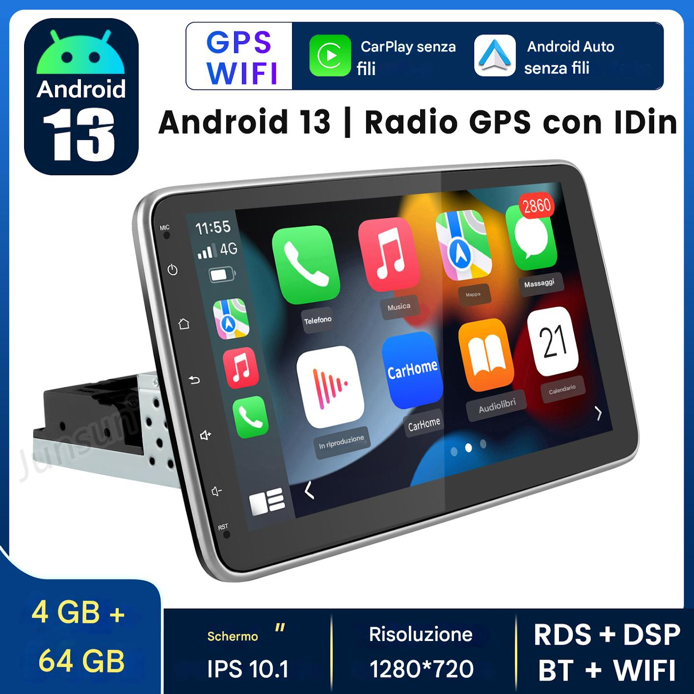 Autoradio Android 13 con touchscreen che visualizza icone delle app. Le specifiche includono 4 GB di RAM, 64 GB di memoria e uno schermo da 10,1".
