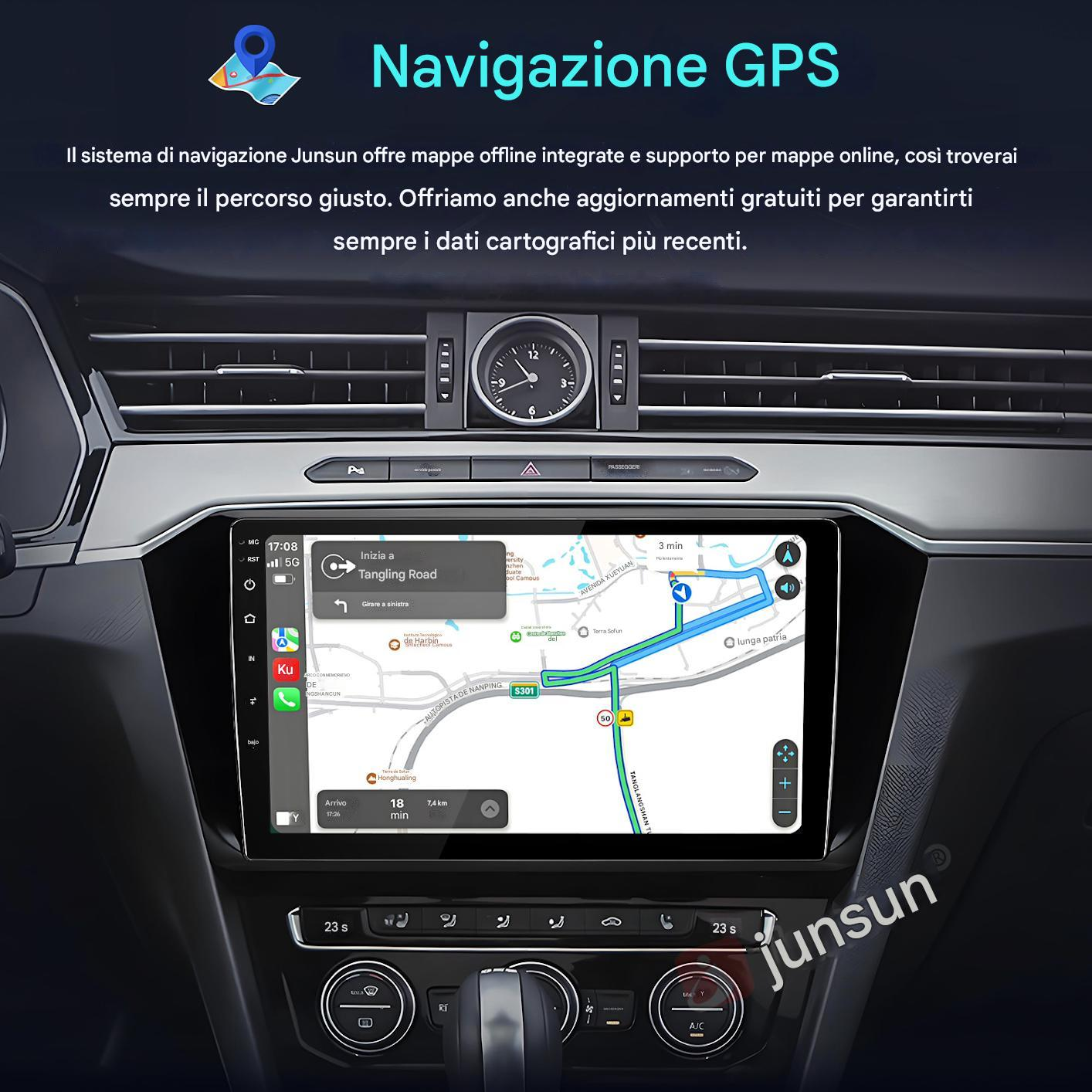 Cruscotto dell'auto con navigazione GPS. Lo schermo mostra una mappa con le indicazioni stradali. Sono visibili anche un orologio e i comandi dell'auto.