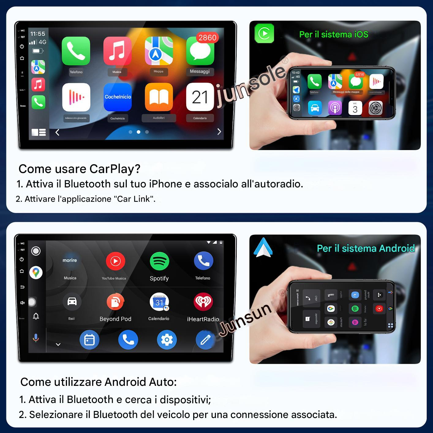 L'immagine mostra display per auto con icone di app e un'interfaccia telefonica. Sono presenti anche istruzioni per CarPlay e Android Auto.