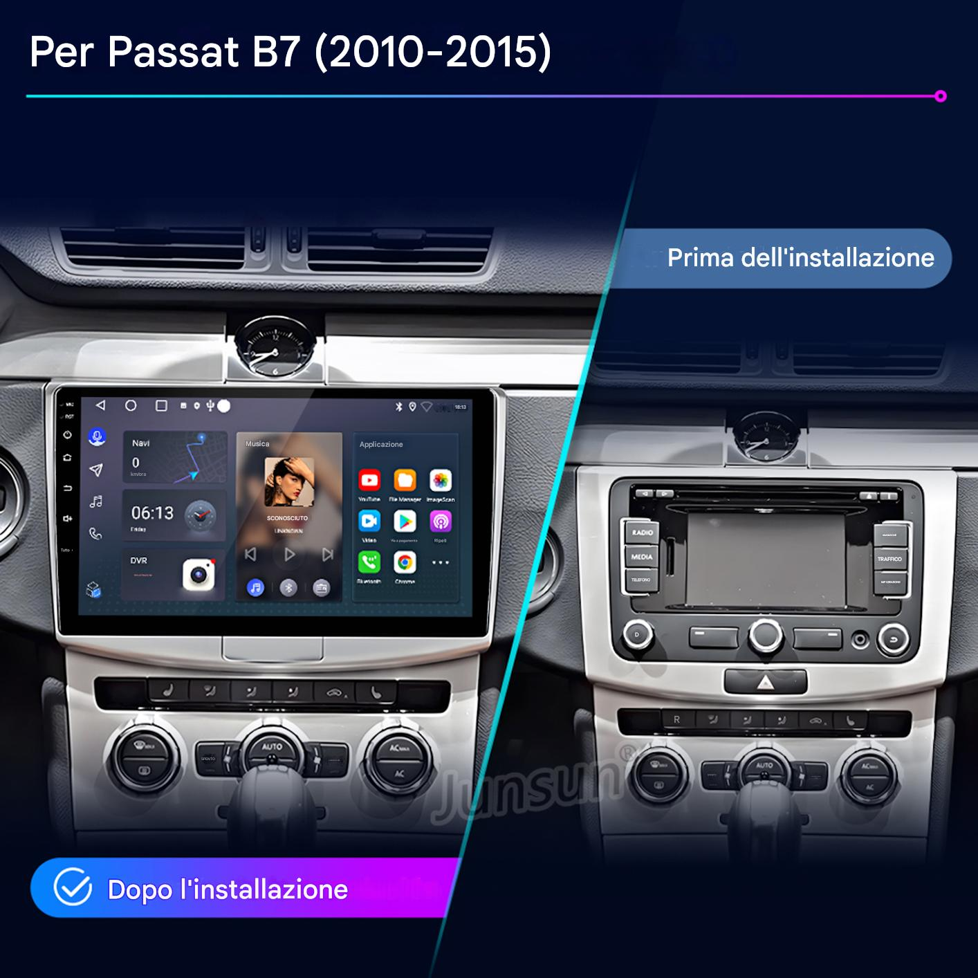 Confronto del cruscotto dell'auto prima e dopo l'installazione di un nuovo sistema multimediale. Mostra schermo con app e pannello di controllo.