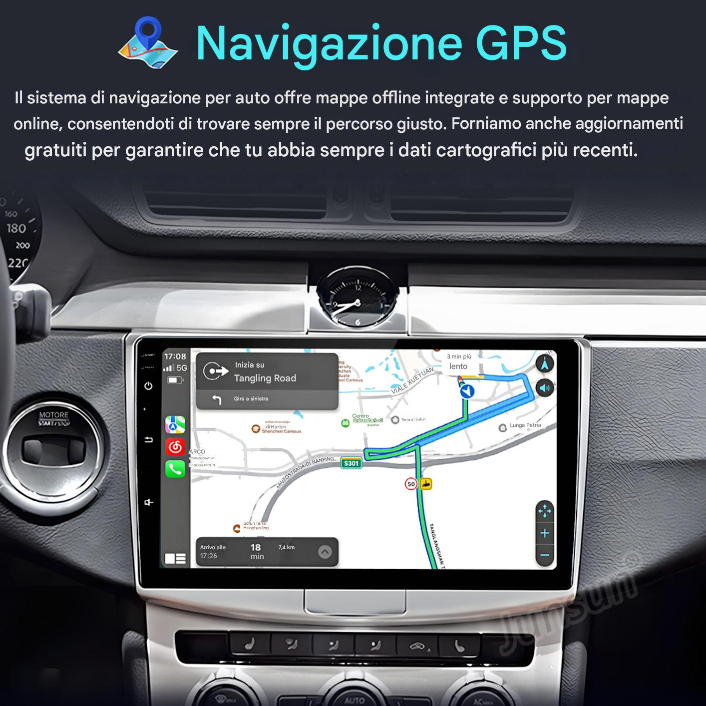 Cruscotto auto con navigazione GPS. Lo schermo mostra una mappa con informazioni sul percorso, con l'interno dell'auto.