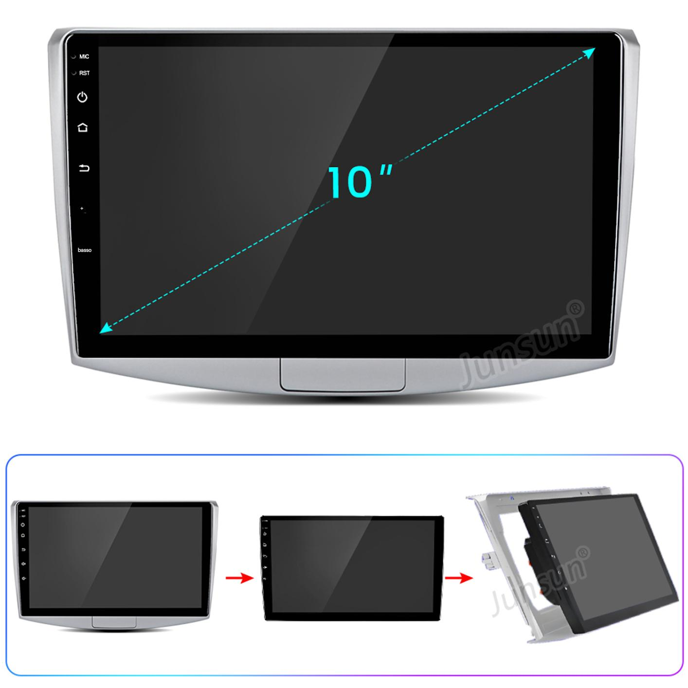 Un sistema multimediale per auto con schermo da 10 pollici, cornice argentata e pulsanti touch. L'immagine mostra i passaggi di installazione.