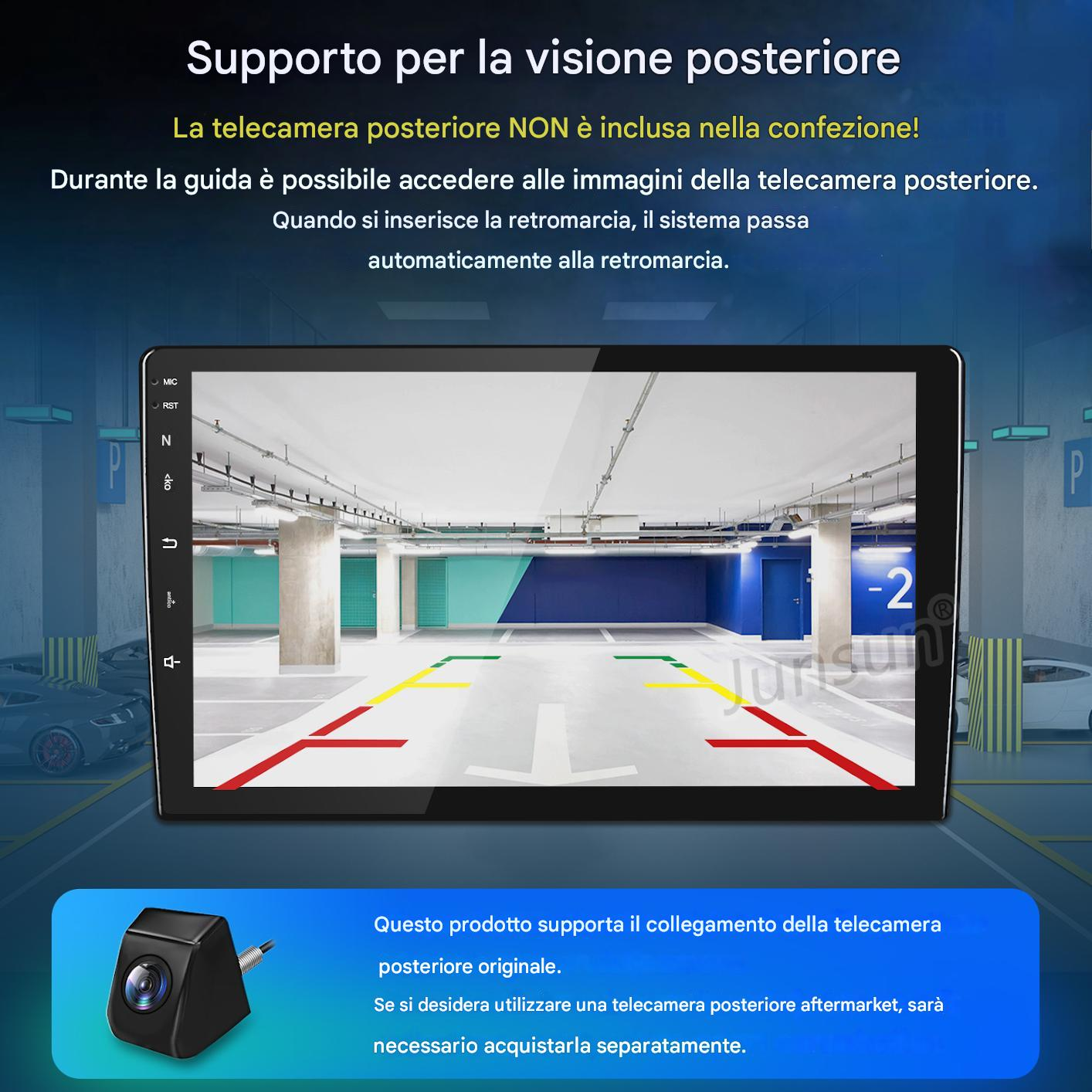 Uno schermo mostra una vista del garage con linee. Il testo in alto dice supporto telecamera posteriore. Una telecamera è in basso.