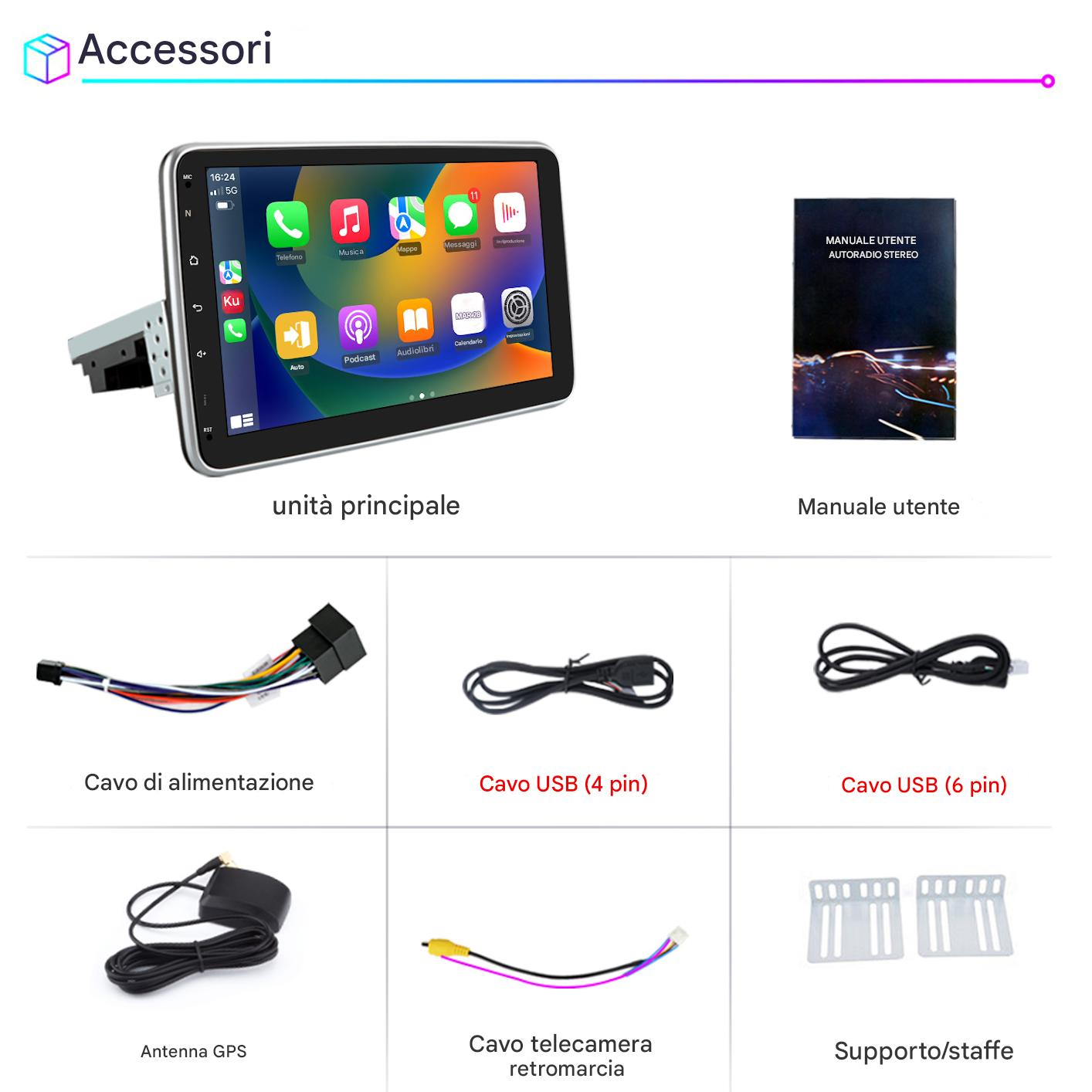 Accessori autoradio: schermo, cavi, manuale, antenna, cavo telecamera e staffe di montaggio.