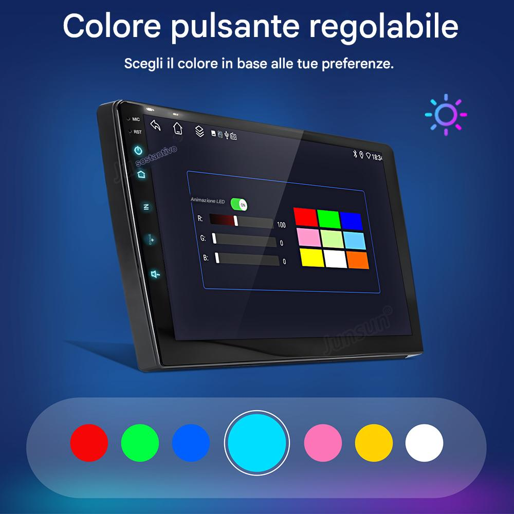 Un display di un'auto che mostra le opzioni di colore. Lo schermo mostra i controlli del colore e una serie di opzioni di colore in basso.