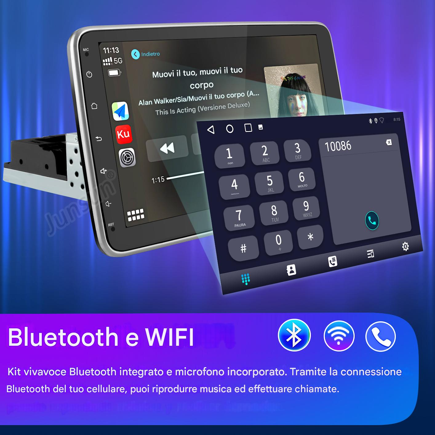 Schermo dell'autoradio che mostra musica e un dialer telefonico. Vengono visualizzate le icone Bluetooth e Wi-Fi. Lo schermo mostra l'ora.