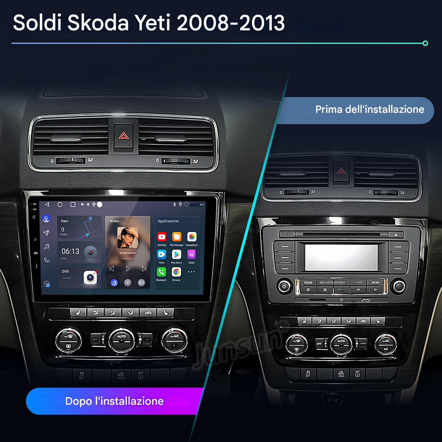 Confronto del cruscotto dell'auto: prima e dopo l'installazione. Mostra i controlli radio e multimediali. Le app di navigazione e musica sono visibili.
