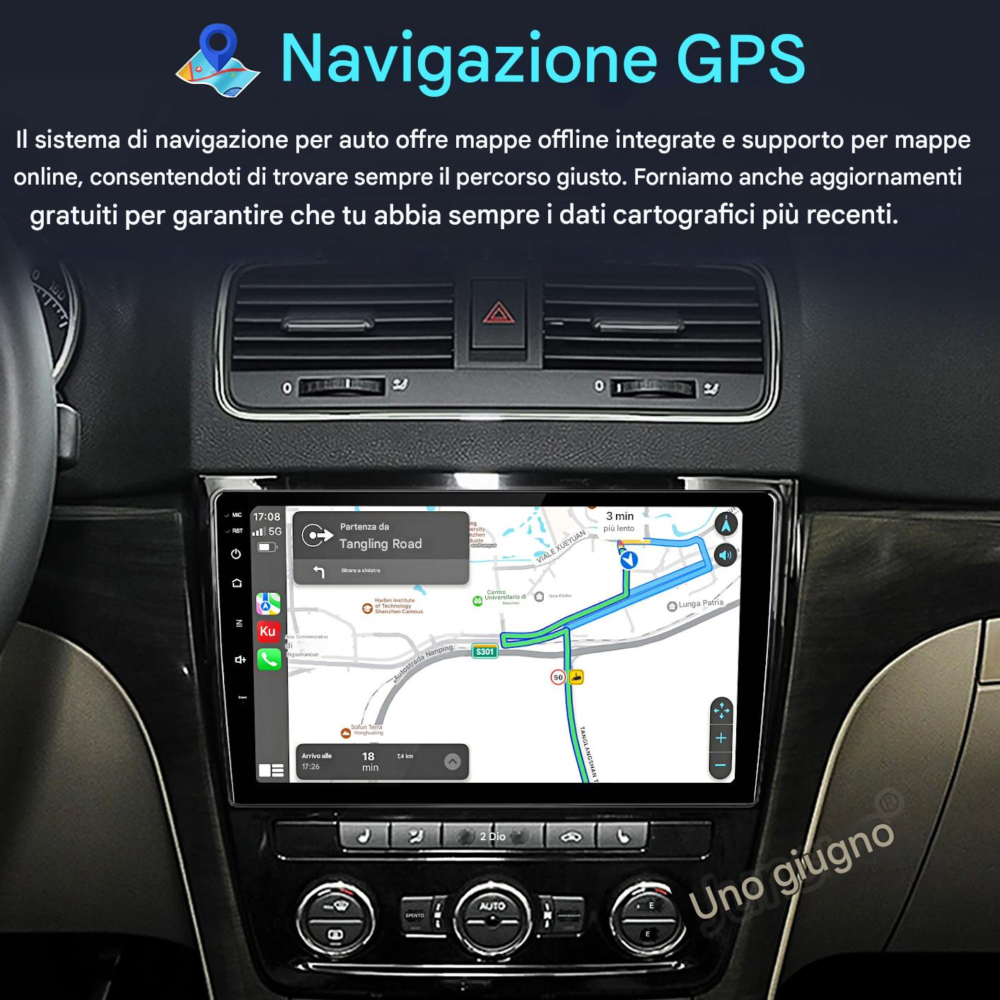 Cruscotto auto con navigazione GPS, mappa e guida del percorso, testo in italiano.