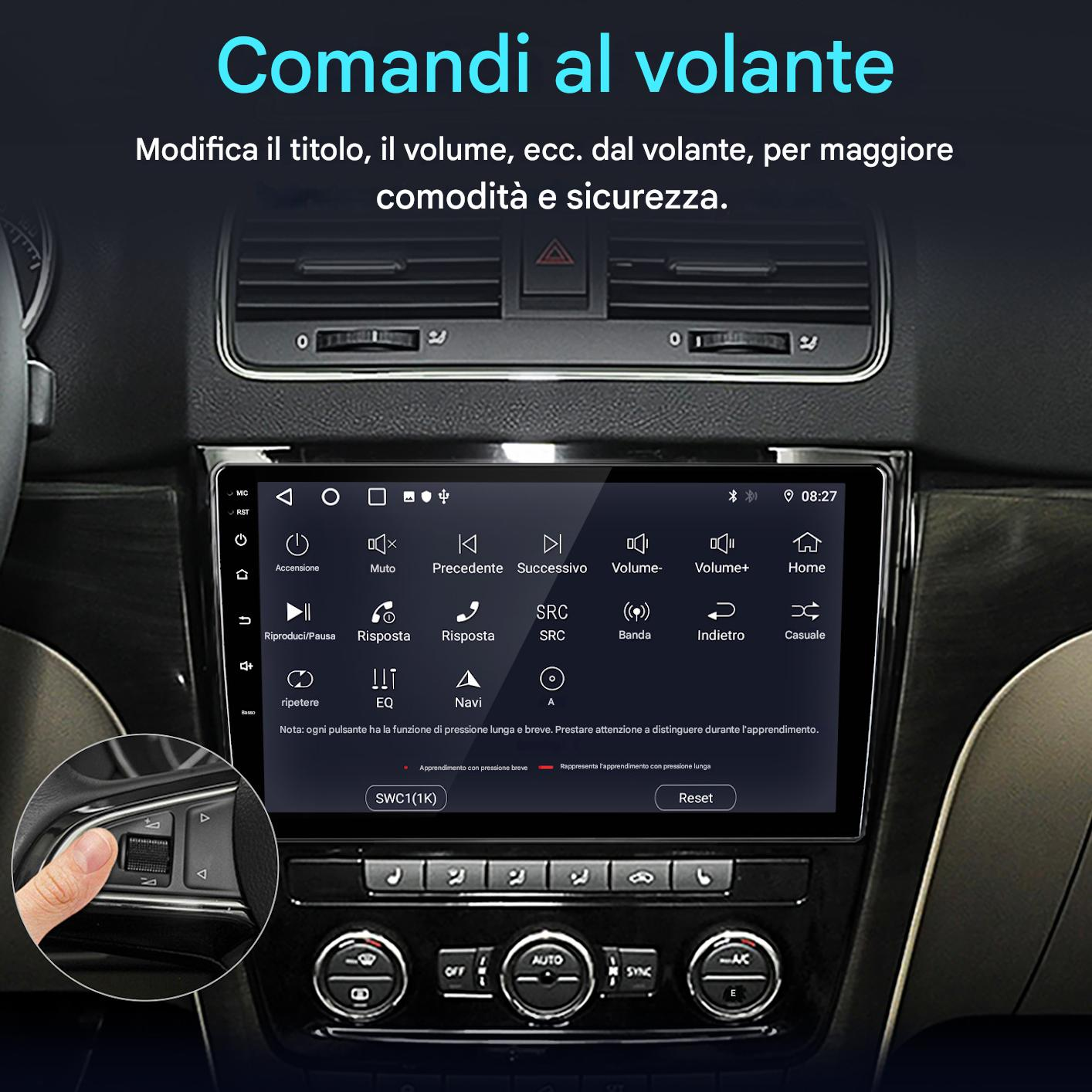 Cruscotto auto con display touchscreen. Pulsanti per volume, navigazione e impostazioni. Un dito tocca un pulsante del volante.