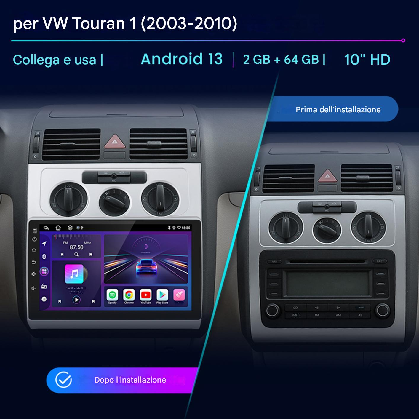 Confronto del cruscotto dell'auto prima e dopo l'installazione di un nuovo schermo. Il nuovo schermo mostra app e un'icona dell'auto.