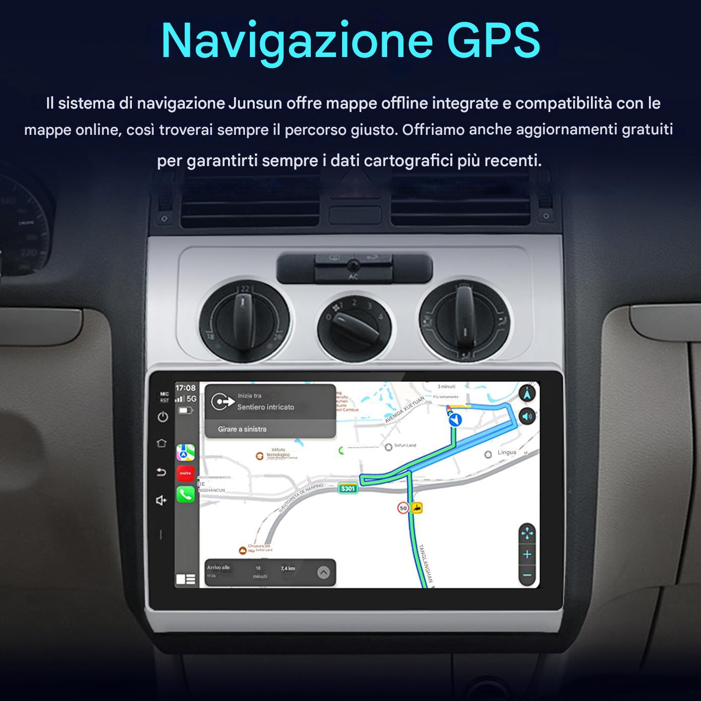 Cruscotto auto con schermo di navigazione GPS che mostra una mappa del percorso. Lo schermo mostra un'istruzione di svolta. Il testo in alto dice 'Navigazione GPS'.