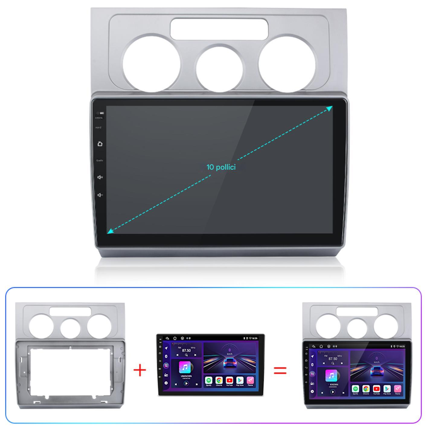 Viene mostrato un'autoradio con schermo da 10 pollici. L'autoradio è argentata, con un display che mostra un'interfaccia di navigazione.