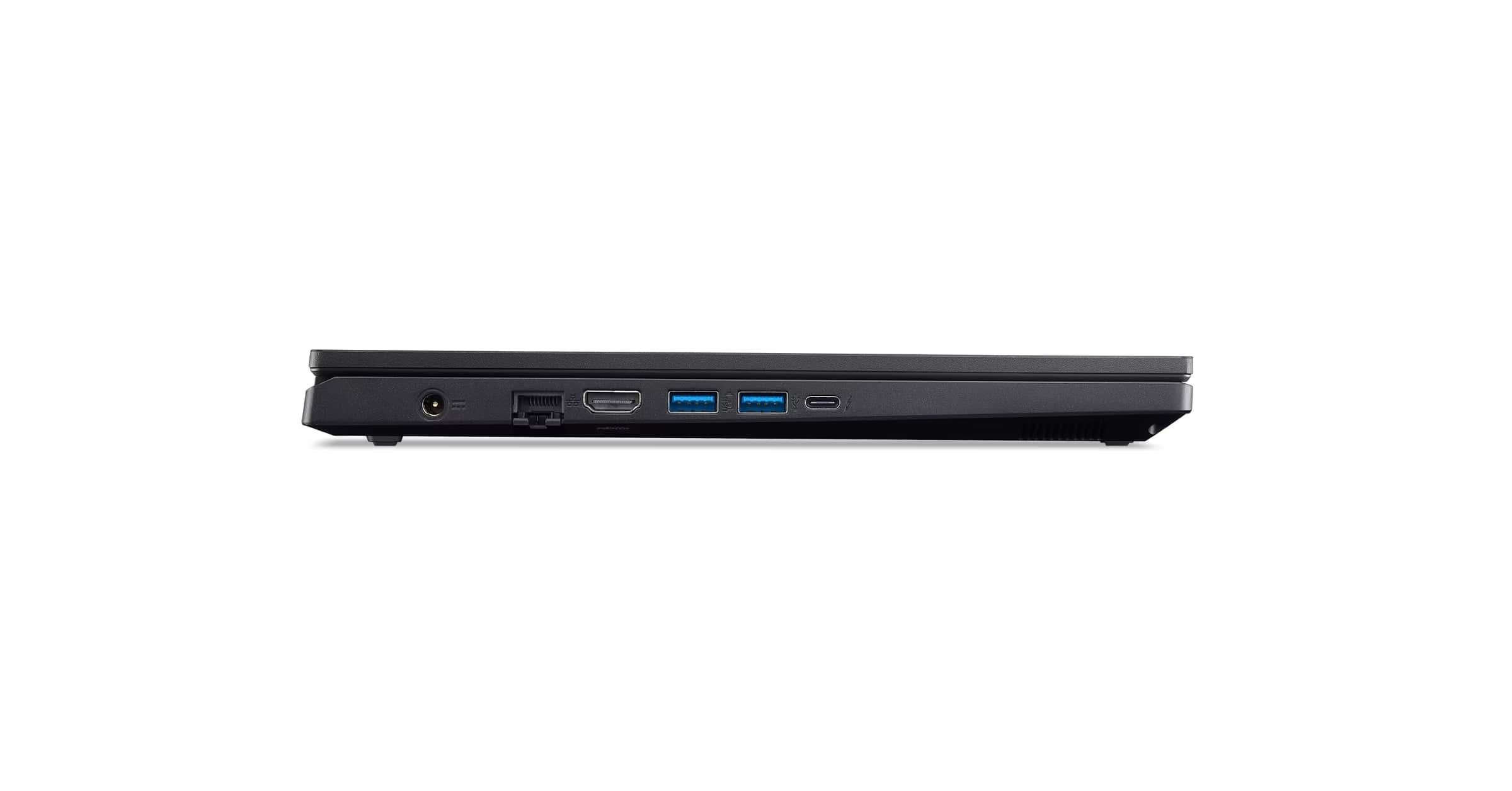 Siyah bir dizüstü bilgisayarın yan görünümü. Görünür bağlantı noktaları arasında güç, HDMI, USB ve ses bulunur. Beyaz arka plan.