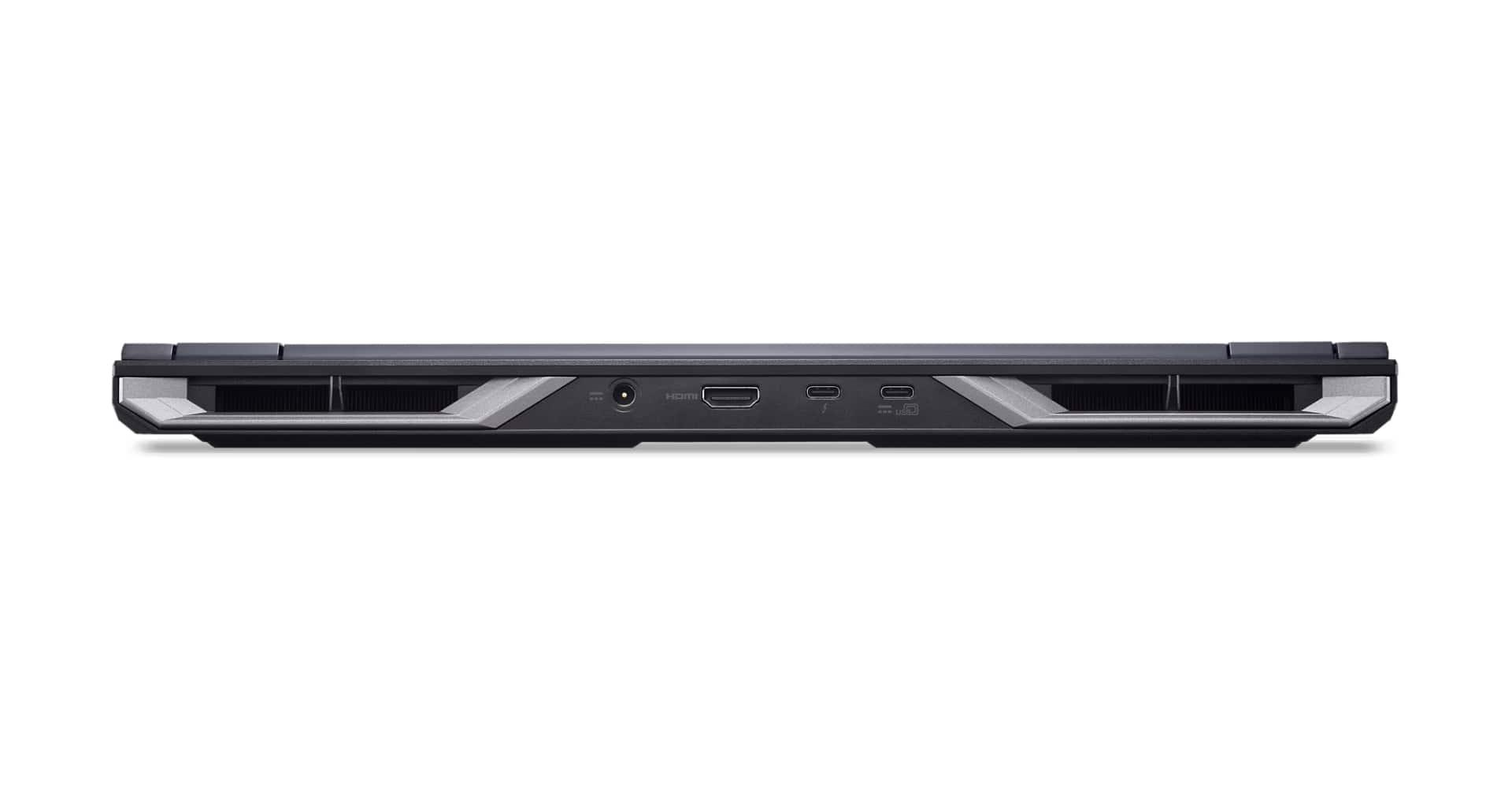 Port ve havalandırma delikleri olan siyah dizüstü bilgisayar. Bağlantı noktaları HDMI ve USB'yi içerir. Havalandırma delikleri gümüştür. Arka plan beyazdır.
