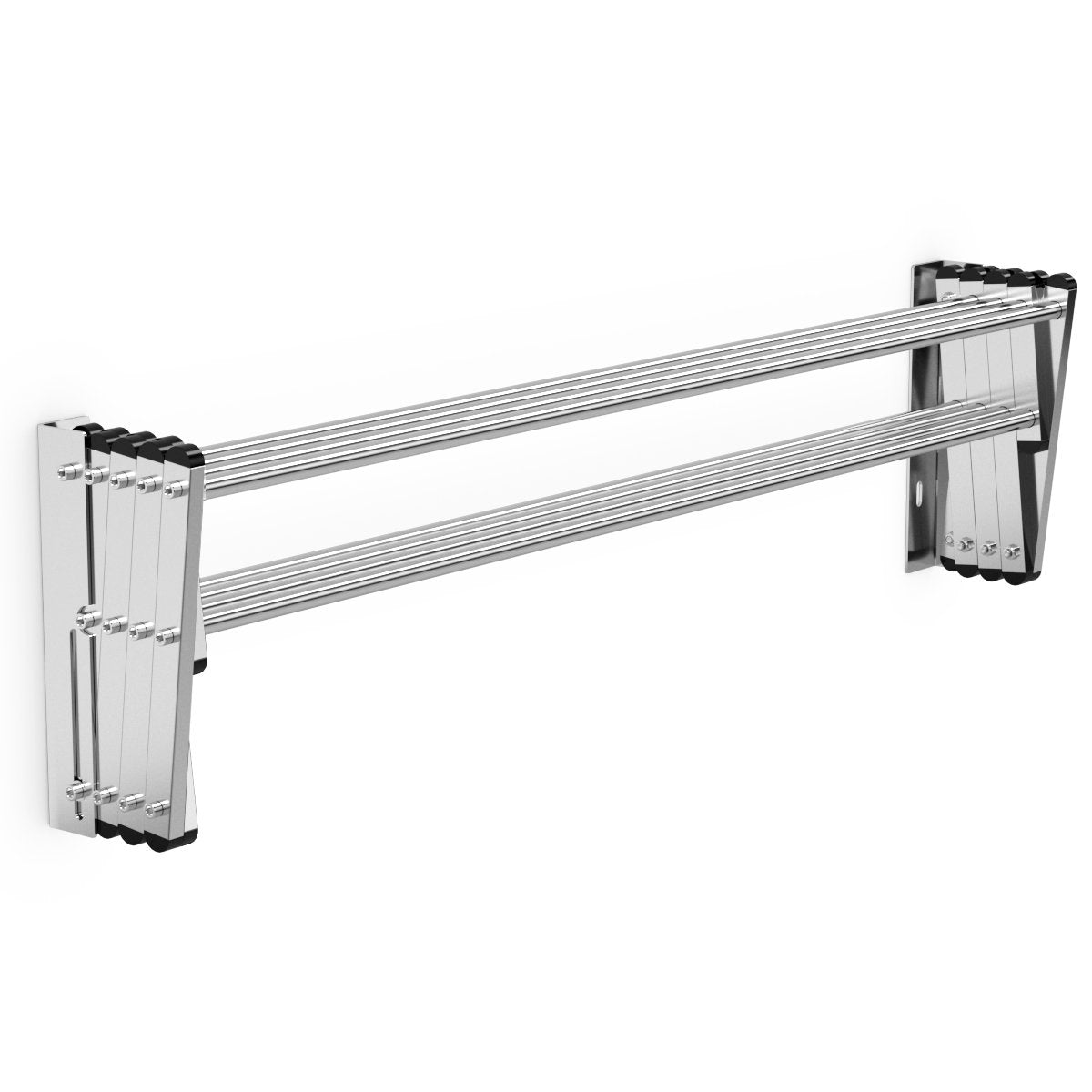 Un tendedero plegable de acero inoxidable montado en la pared. Tiene múltiples barras y un mecanismo plegable.