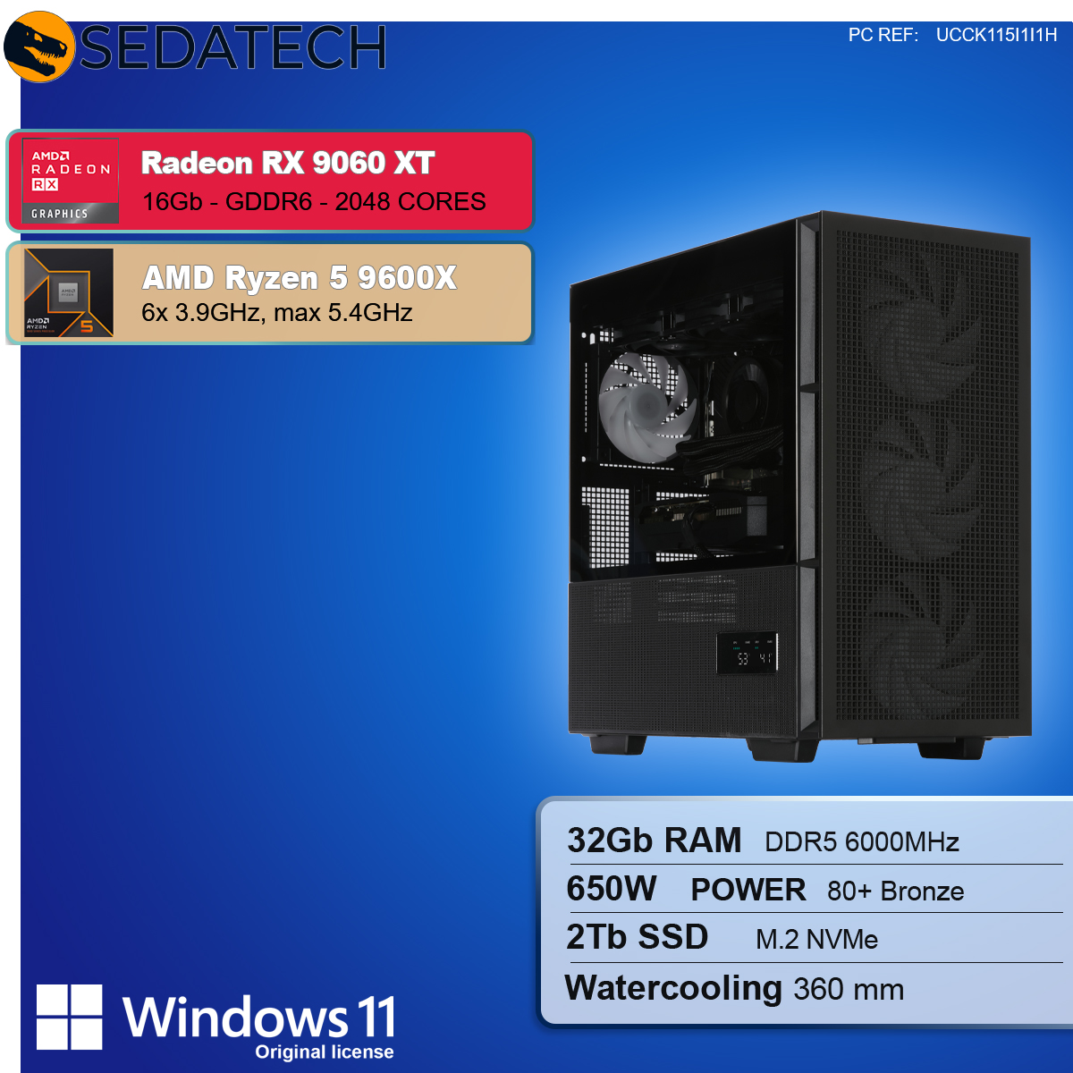 Czarna obudowa komputera z widocznymi komponentami, w tym wentylatorem. Specyfikacje: Radeon RX 9060 XT, Ryzen 5 9600X, 32 GB RAM, 2 TB SSD i więcej.