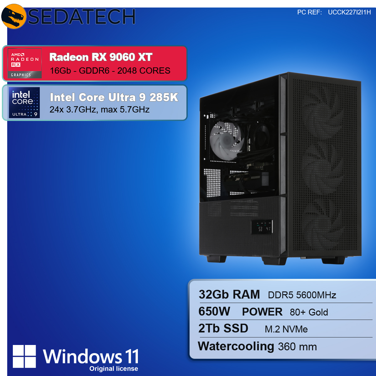Un case per computer nero con specifiche elencate. Include Radeon RX 9060 XT, Intel Core Ultra 9 285K e Windows 11.