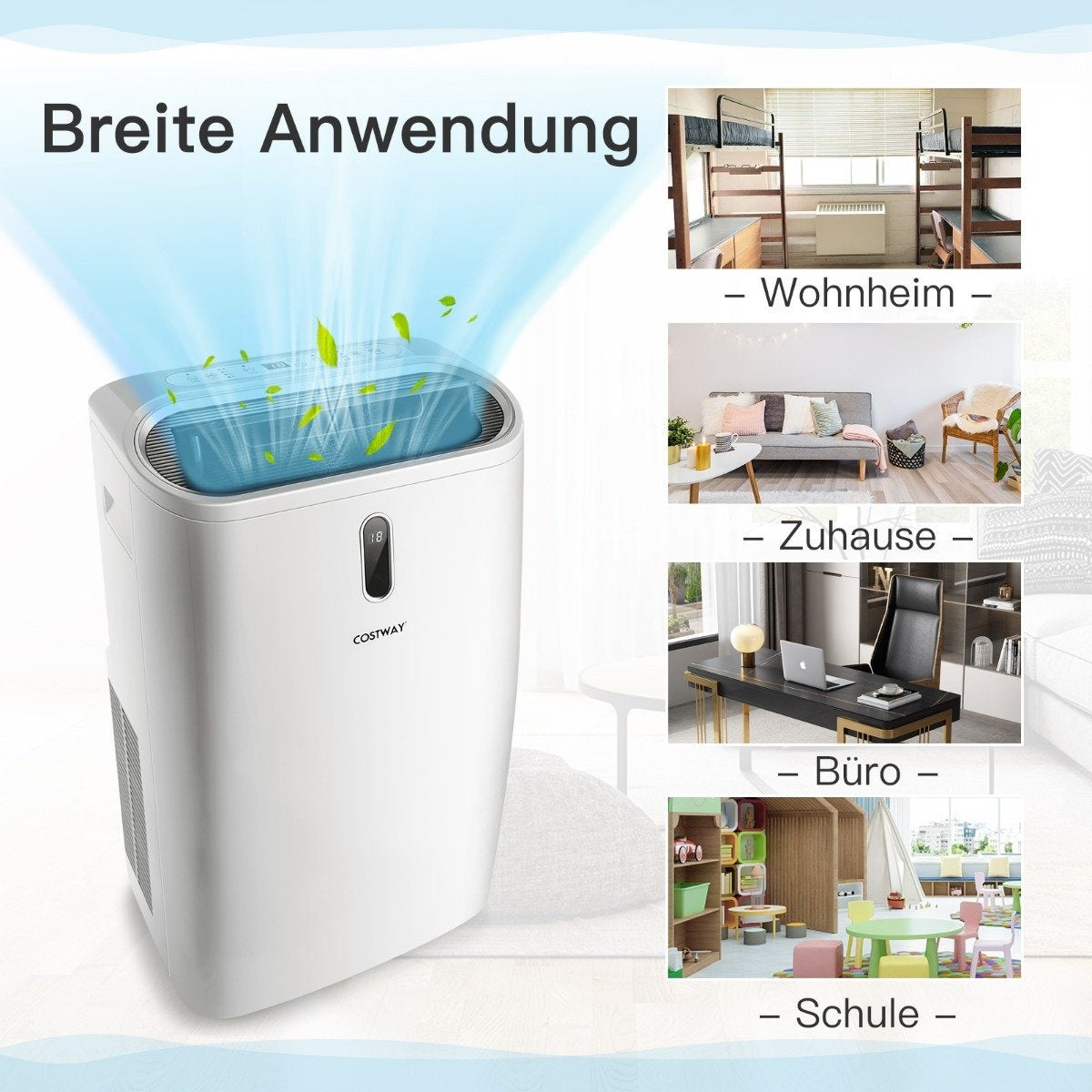 Un purificador de aire blanco con luz azul y hojas verdes. Está etiquetado COSTWAY. Se muestran escenas de un dormitorio, un hogar, una oficina y una escuela.