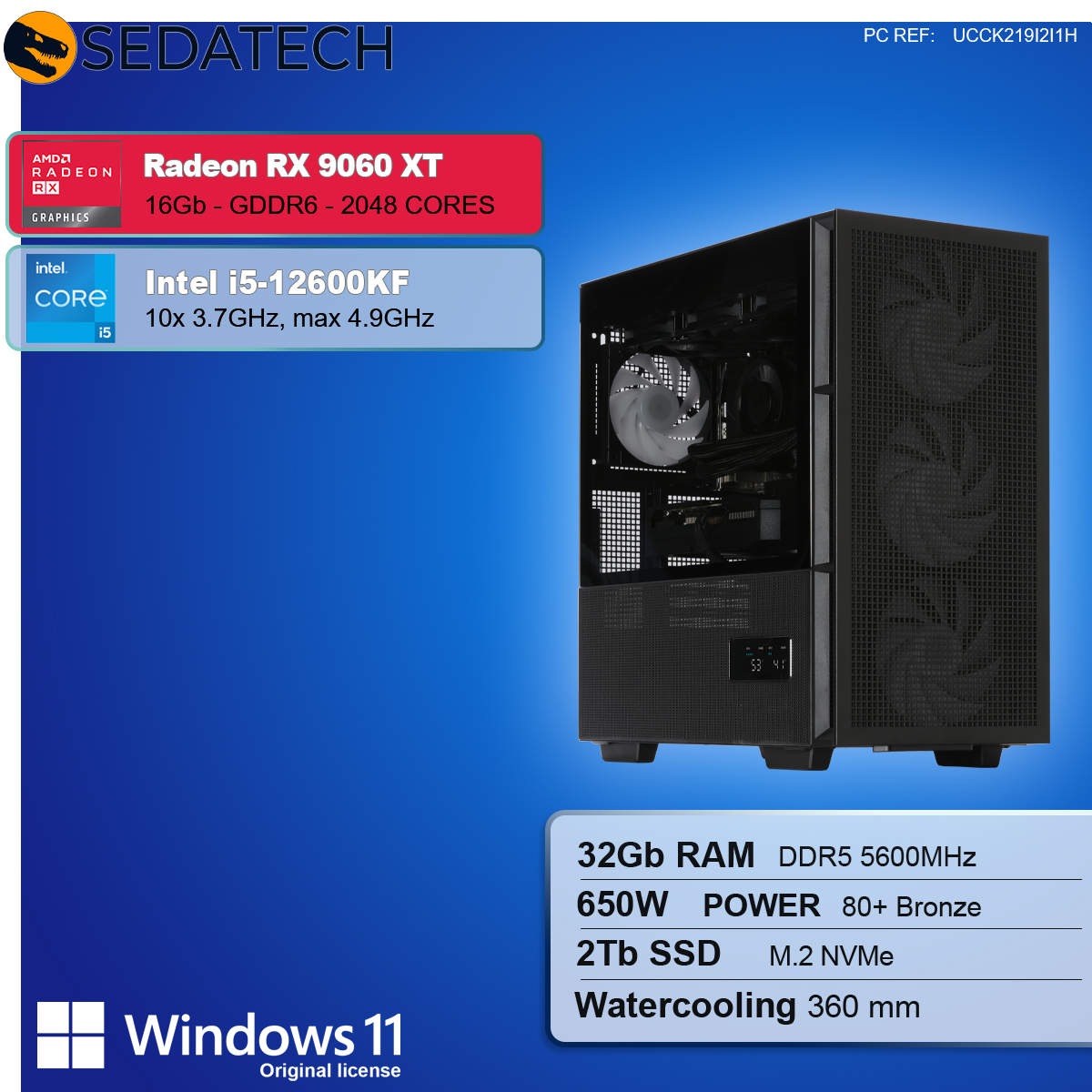 Case PC nero con specifiche: Radeon RX 9060 XT, Intel i5, 32GB RAM, 2TB SSD, watercooling. Logo Windows 11.