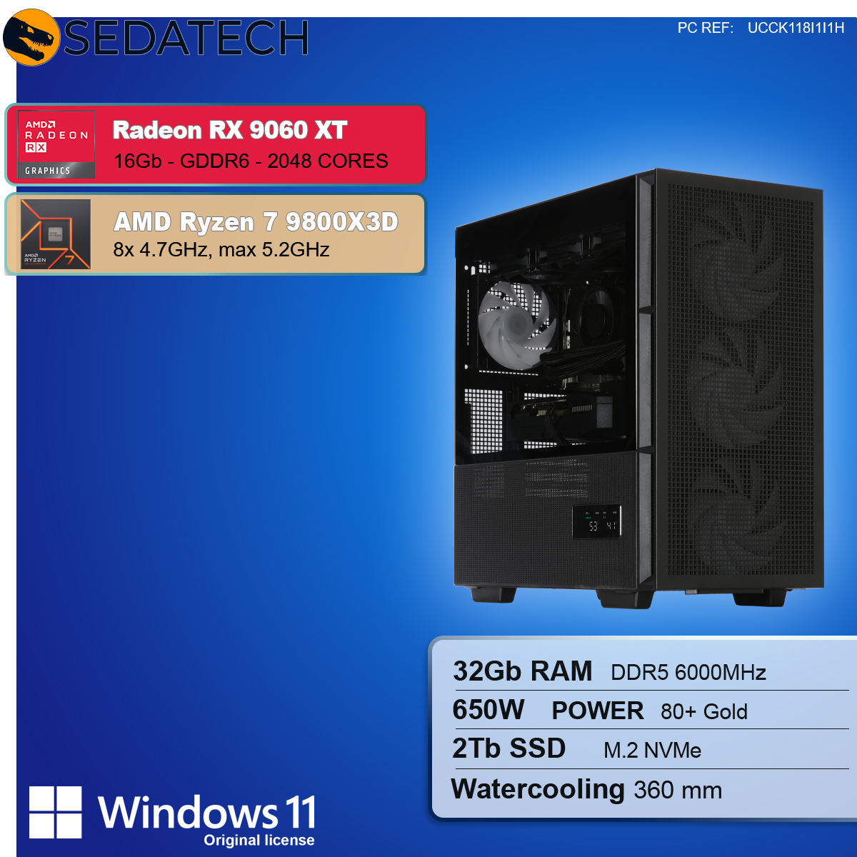 Obudowa komputera ze szczegółami: Radeon RX 9060 XT, AMD Ryzen 7 9800X3D, 32 GB RAM, 2 TB SSD i Windows 11.
