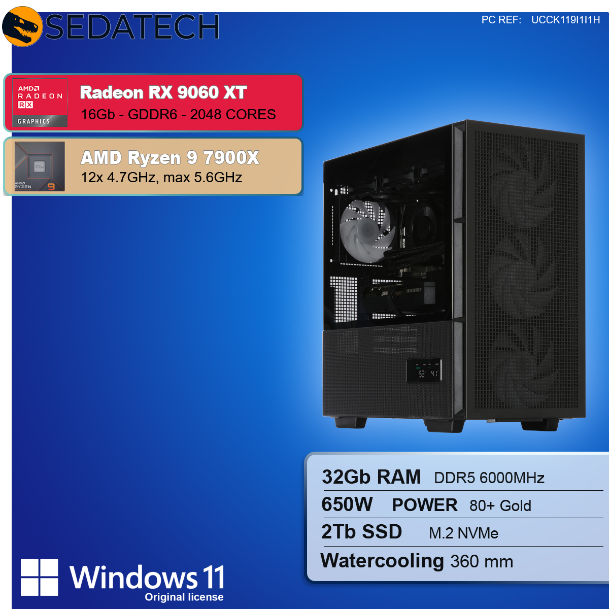 Un case per computer nero con componenti visibili, dettagli di scheda grafica, processore, RAM, SSD e raffreddamento a liquido.