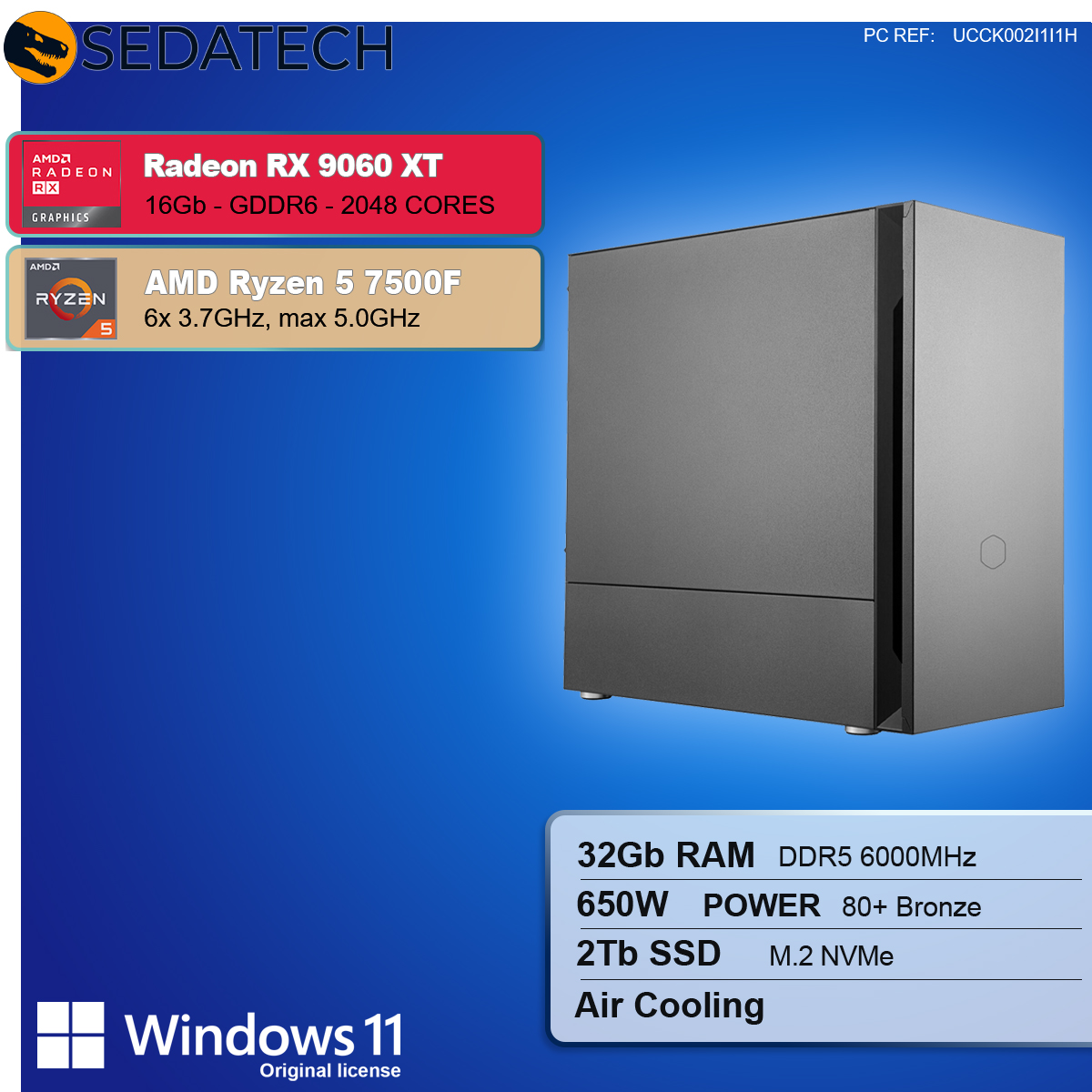 Obudowa komputera z komponentami jak Radeon RX 9060 XT, Ryzen 5 7500F, 32GB RAM, 2TB SSD i Windows 11.