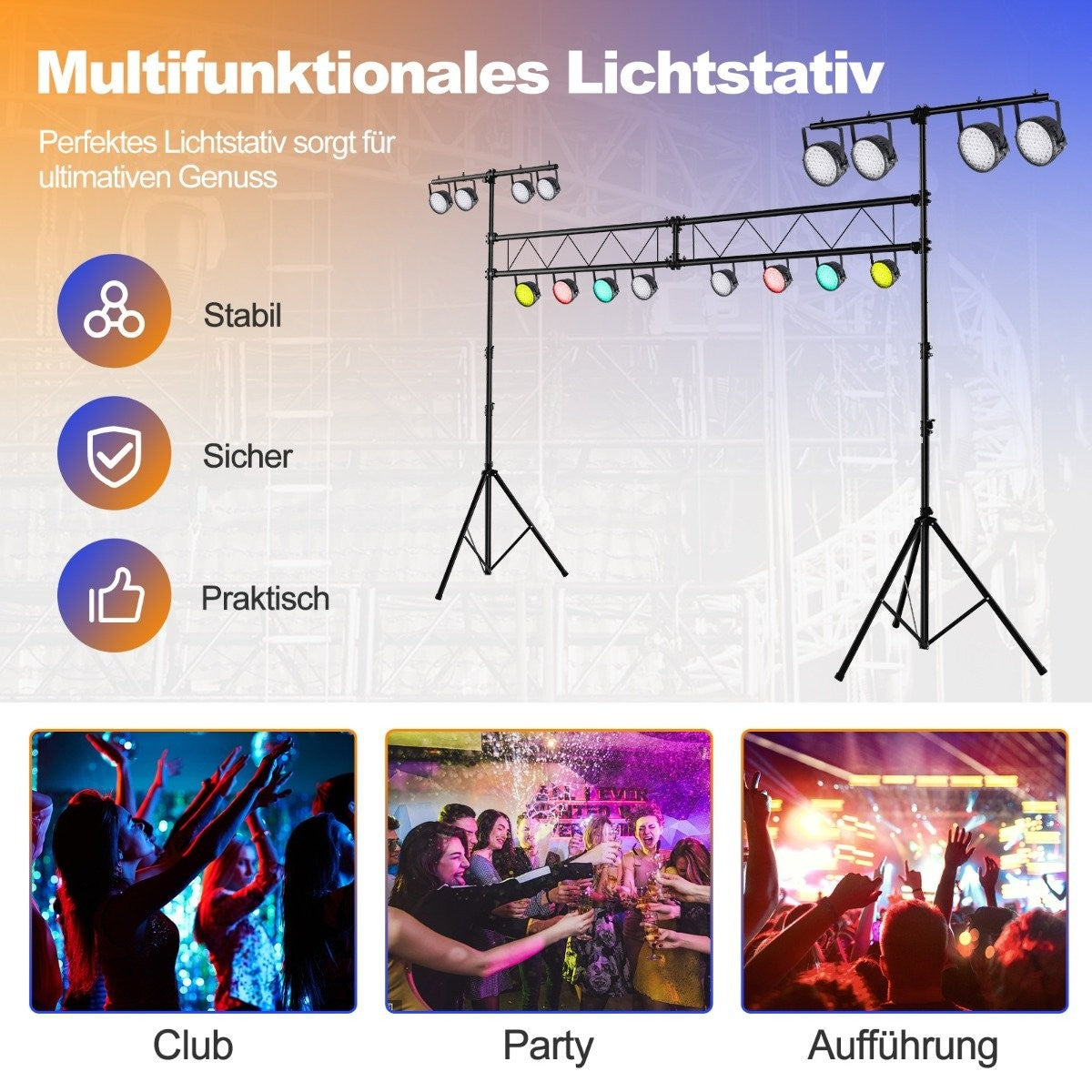 Un soporte de luces de escenario con luces. Debajo, tres imágenes más pequeñas muestran un club, una fiesta y una actuación.