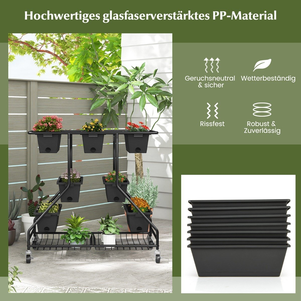Un soporte metálico negro para plantas con varias macetas negras llenas de flores y plantas coloridas. El soporte tiene ruedas.