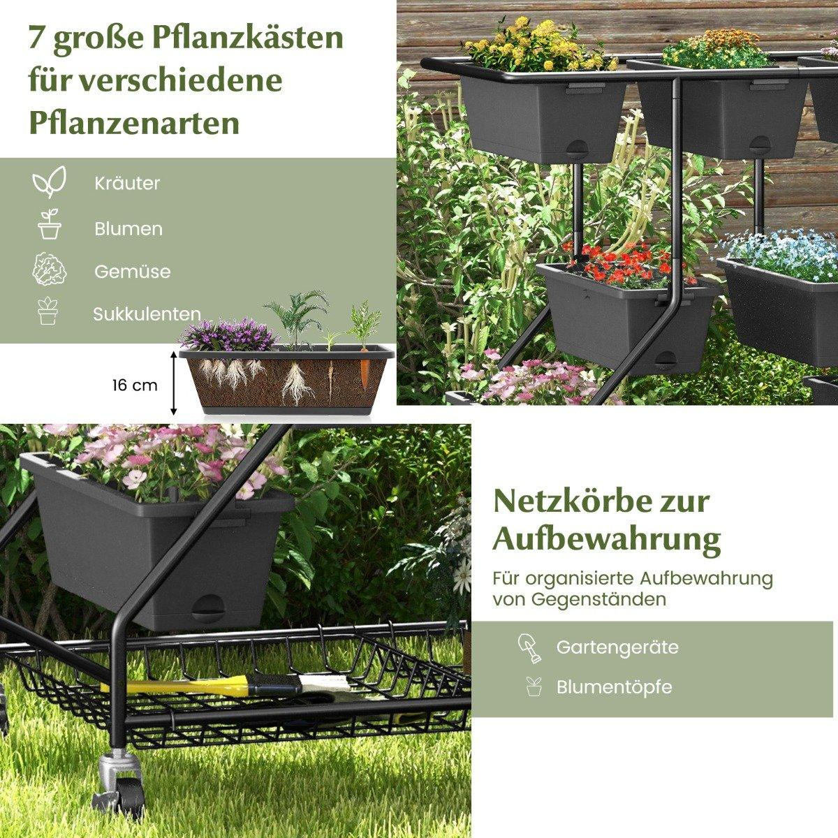 Una jardinera de varios niveles con varias plantas, incluidas flores y hierbas, y una cesta de almacenamiento sobre ruedas.