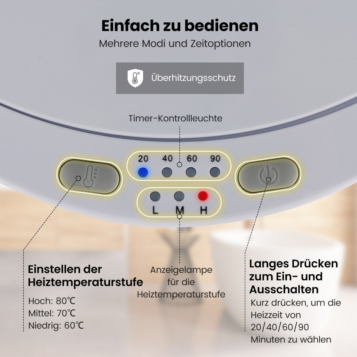 Panel de control con botones y luces. Muestra ajustes de temperatura, opciones de temporizador y botón de encendido/apagado. Etiquetas en alemán.