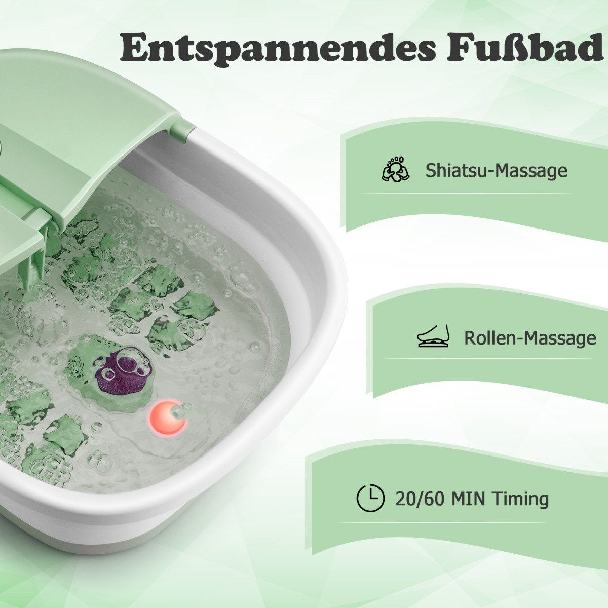 Spa para pies con agua, burbujas y opciones de masaje. Texto: Entspannendes Fußbad, Shiatsu-Massage, Rollen-Massage y 20/60 MIN Timing.