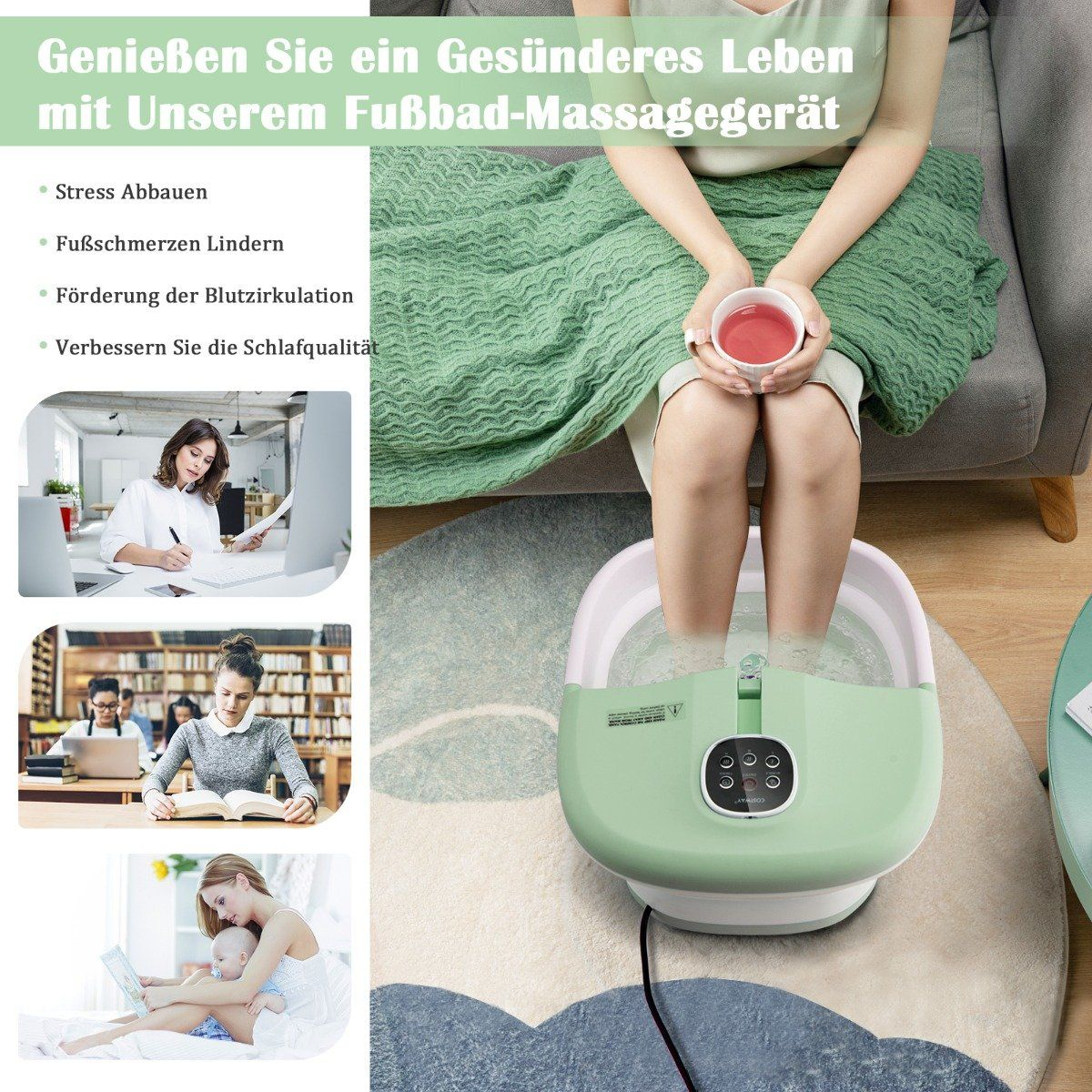 Una mujer sumerge los pies en un spa verde. El texto enumera beneficios. Una mujer sostiene una bebida. Otras imágenes muestran actividades.