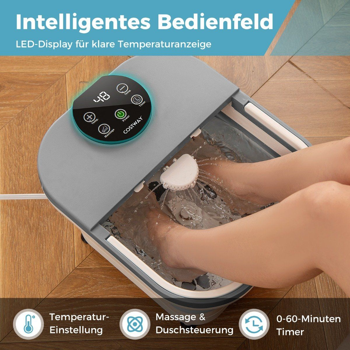Un spa de pies con pies dentro, controles mostrando temperatura y temporizador. Texto arriba dice 'Intelligentes Bedienfeld'.