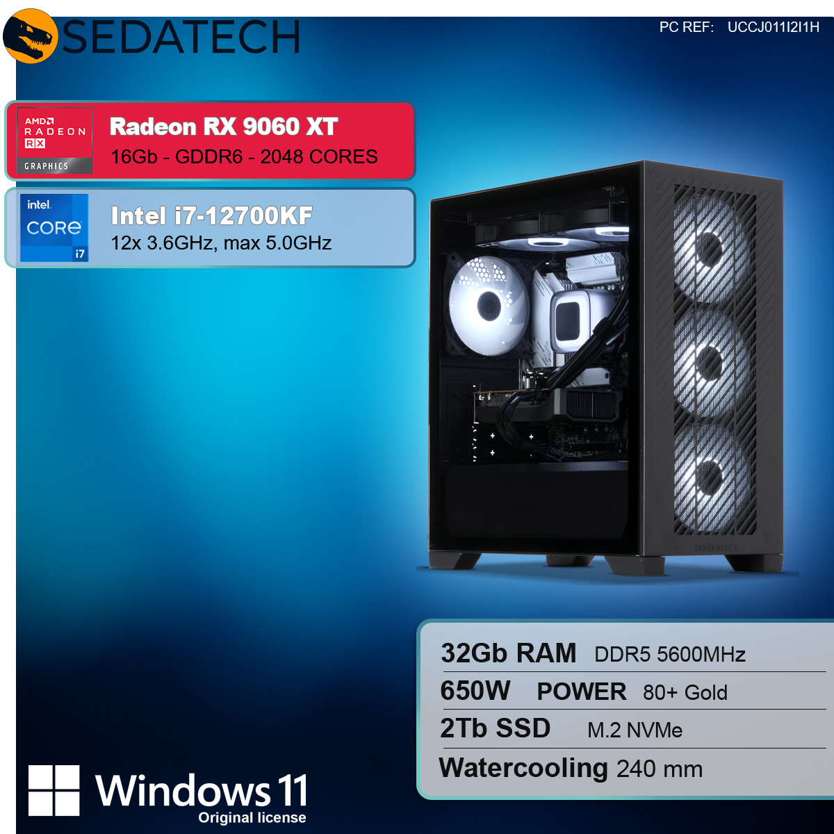 Un case per computer con ventole bianche al centro. Le specifiche includono Radeon RX 9060 XT, Intel i7-12700KF, 32GB RAM, 2TB SSD e Windows 11.