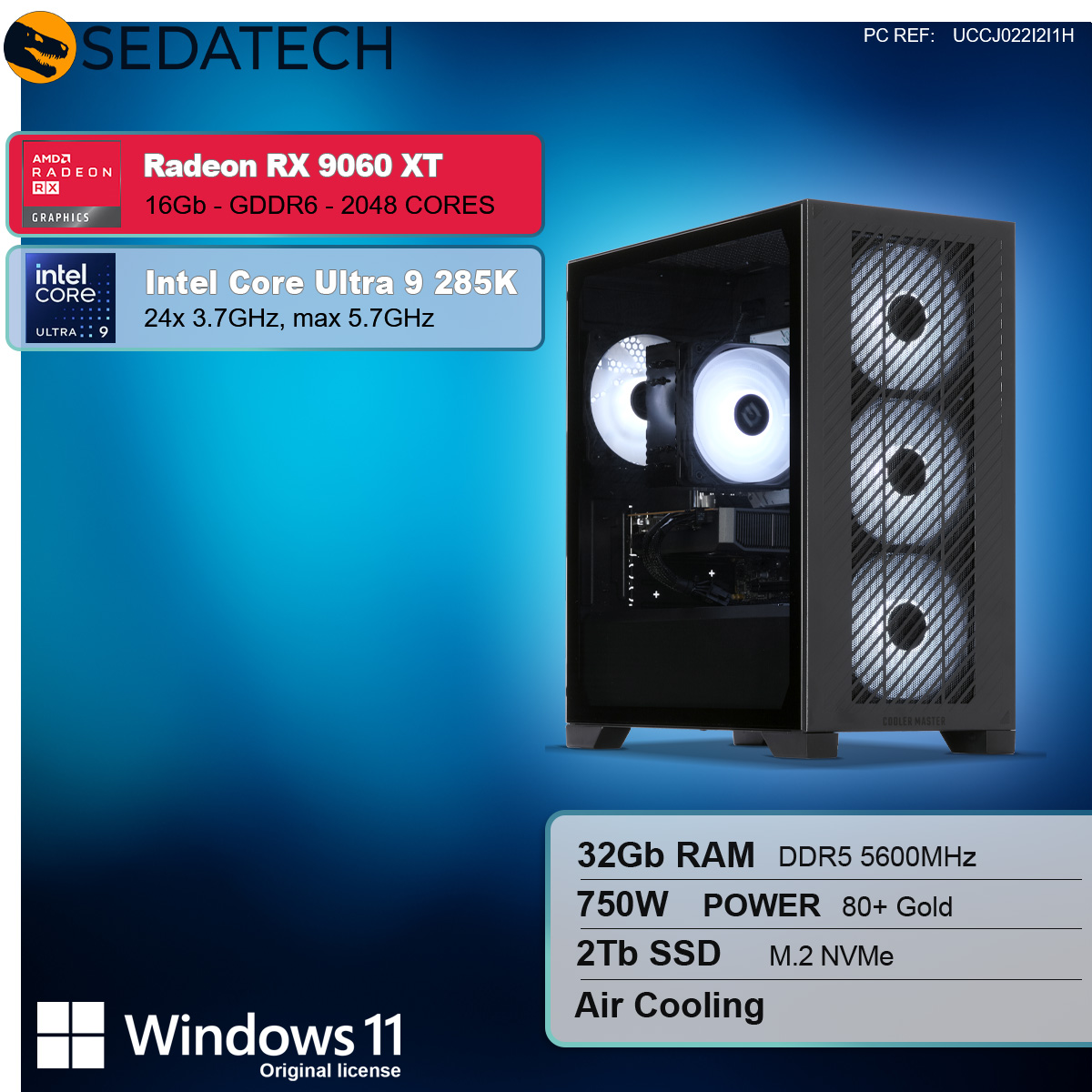 Wyświetlany jest komputerowy obudowa z podświetlanymi wentylatorami. Specyfikacje obejmują Radeon RX 9060 XT, Intel Core Ultra 9, 32 GB RAM, 2 TB SSD i Windows 11.