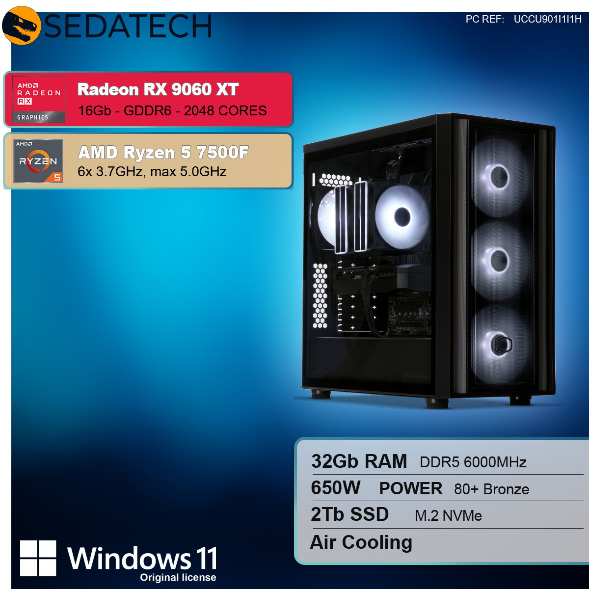 Un case per computer con ventole illuminate. Il testo sull'immagine pubblicizza i componenti: Radeon RX 9060 XT, AMD Ryzen 5 7500F, 32GB RAM e Windows 11.