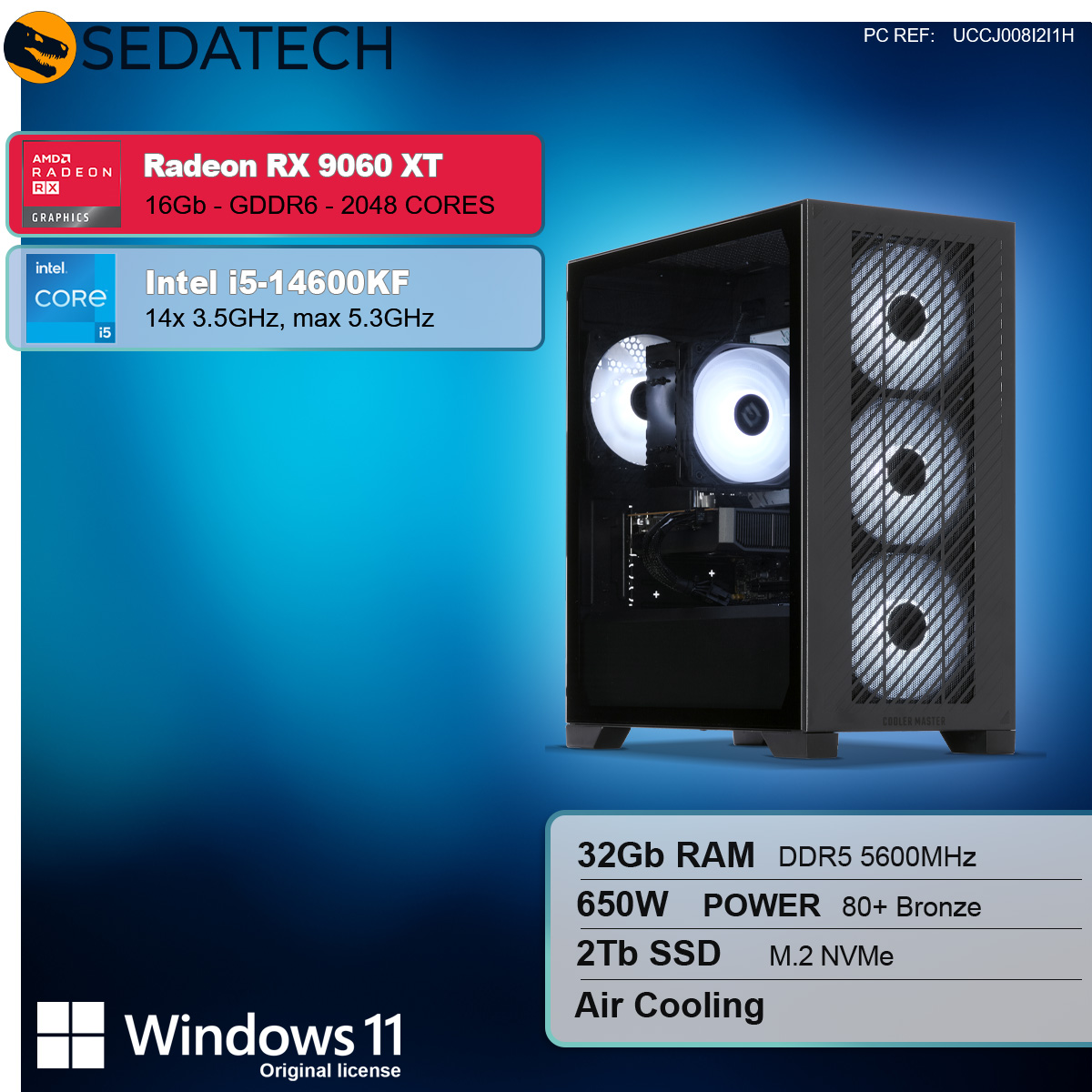 Obudowa komputera z szklanym panelem bocznym wyświetla komponenty wewnętrzne. Tekst podkreśla specyfikacje Radeon RX 9060 XT i Intel i5-14600KF.