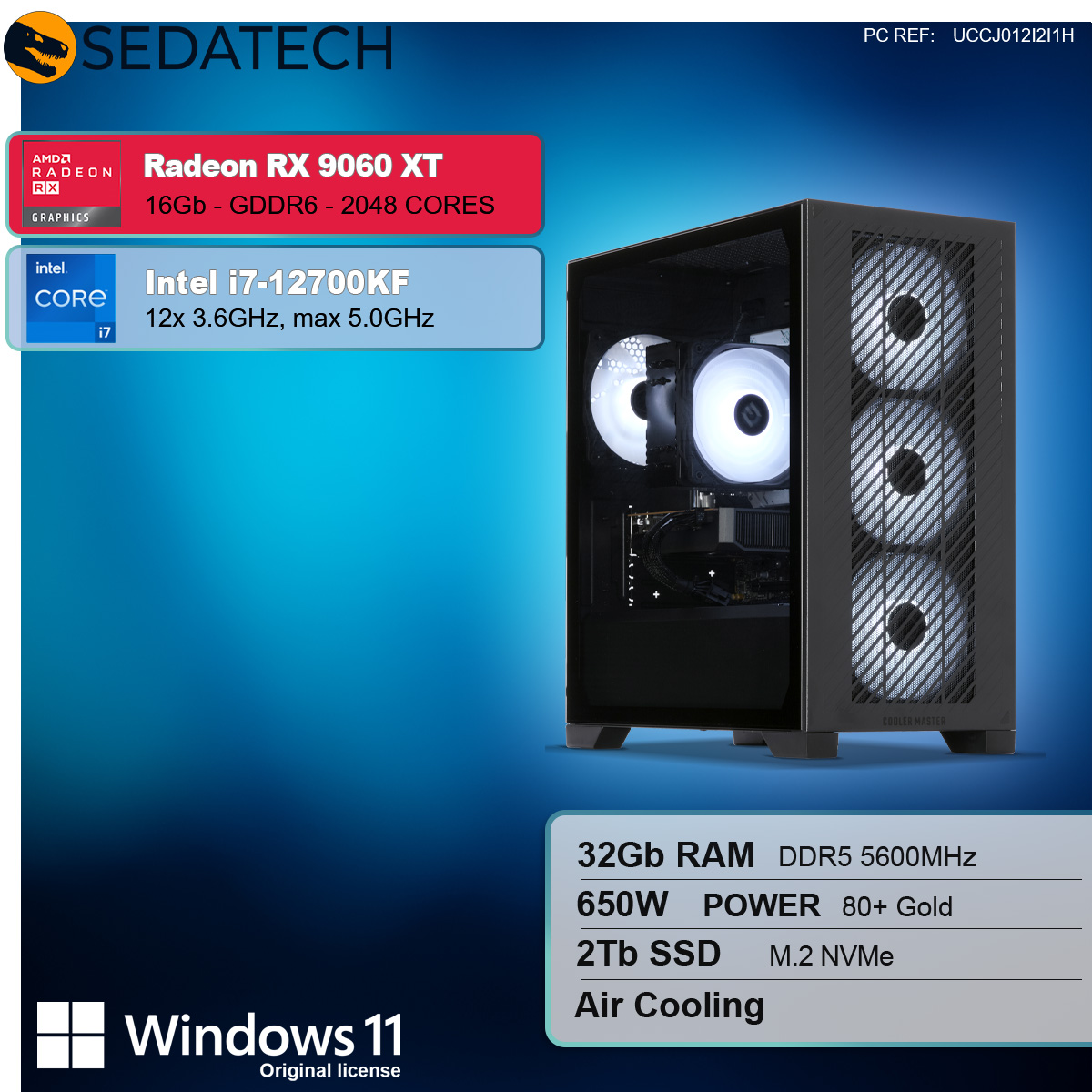 Ein Computergehäuse mit Komponenten wie Radeon RX 9060 XT, Intel i7-12700KF und Windows 11. Spezifikationen: 32 GB RAM, 650 W Leistung, 2 TB SSD.