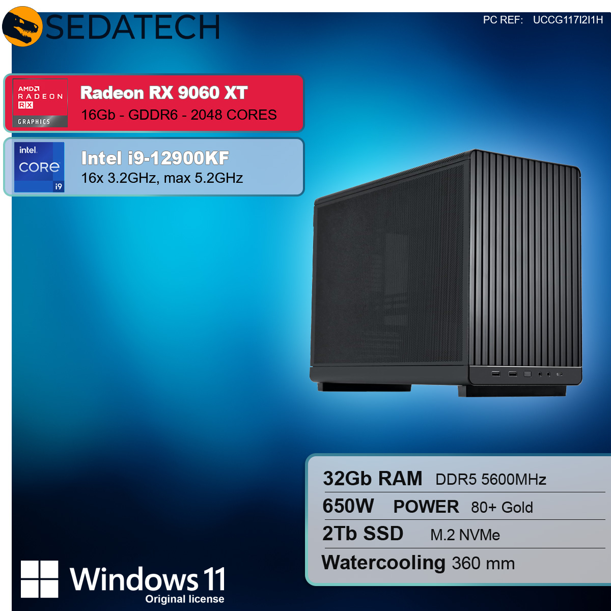 Un case per computer nero, con loghi Radeon e Intel. Le specifiche includono RAM, SSD e sistema di raffreddamento a liquido.