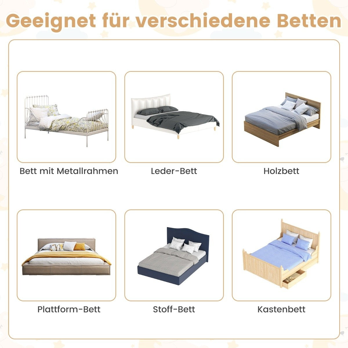 La imagen muestra seis estilos de cama diferentes: estructura metálica, cuero, madera, plataforma, tela y cama con caja. Cada cama está etiquetada.