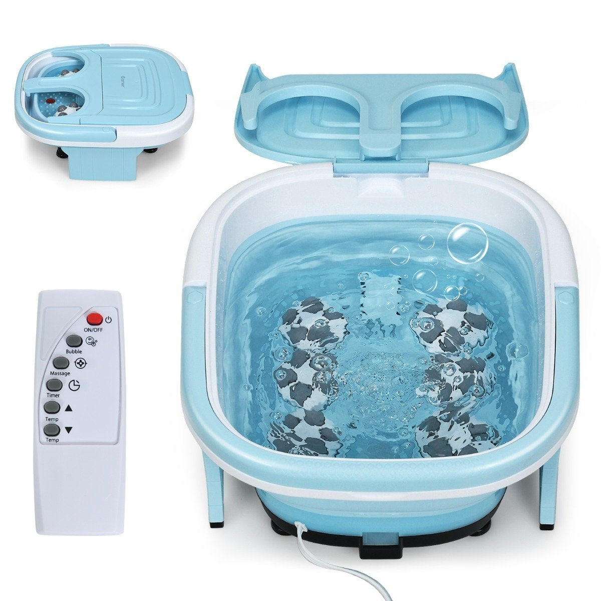 Un spa de pies con agua azul y burbujas, control remoto y una pieza superior separada. El spa es blanco y azul.