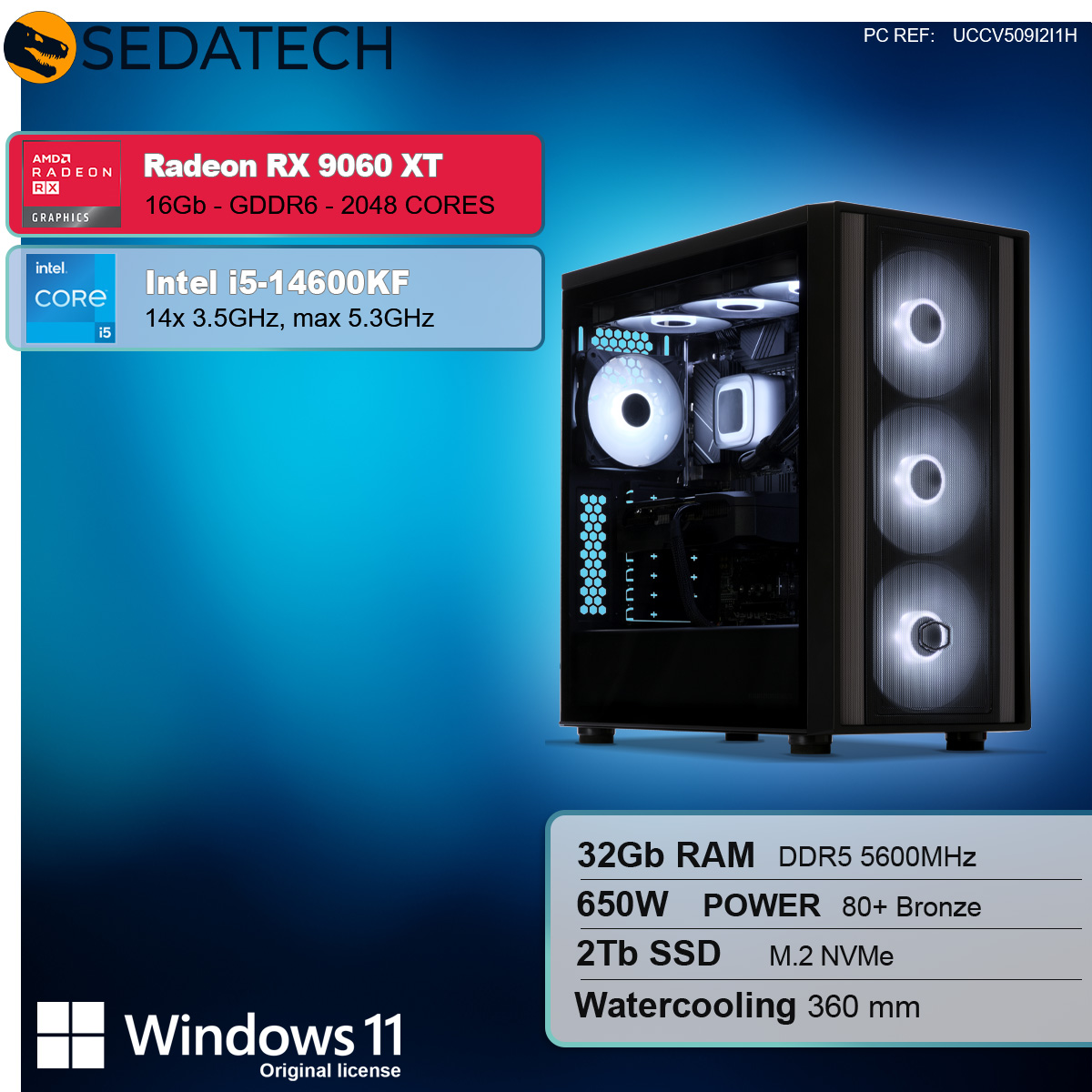 Obudowa komputera ze szklanym panelem bocznym. Wewnątrz biały wentylator LED. Specyfikacje obejmują Radeon RX 9060 XT i Intel i5-14600KF.