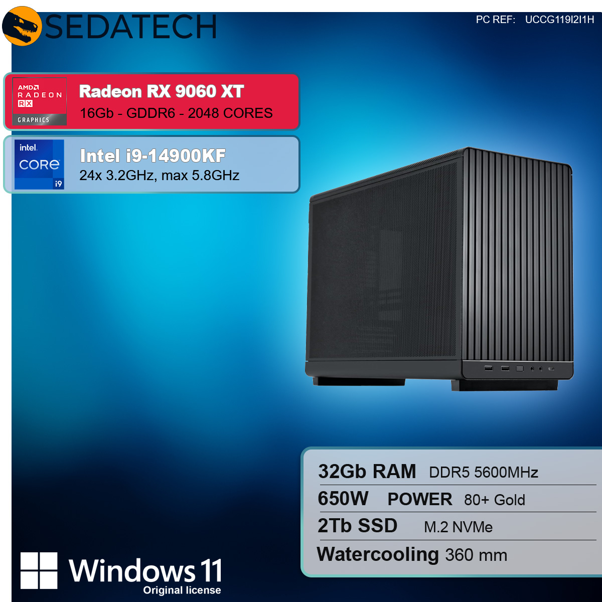 Un case per computer con dettagli dei componenti come RX 9060 XT, Intel i9, 32 GB di RAM, 2 TB di SSD e il logo di Windows 11.