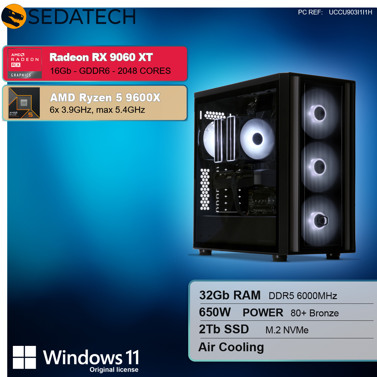 Obudowa komputera z Radeon RX 9060 XT, AMD Ryzen 5 9600X i Windows 11.