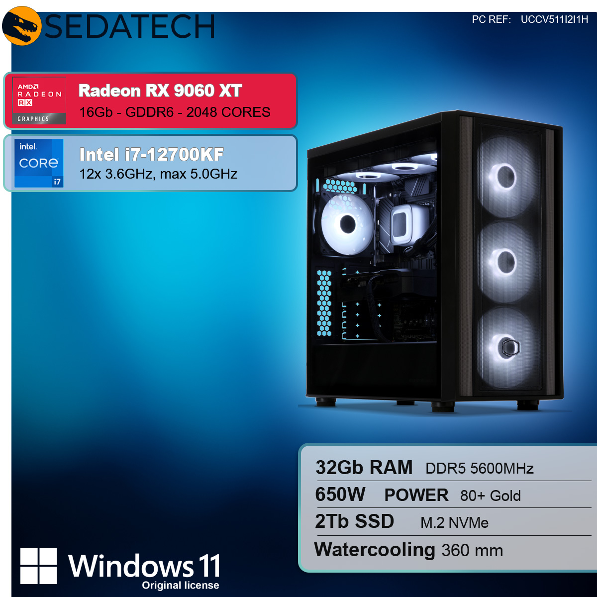 Ein Computergehäuse mit Glasseitenwand. Komponenten umfassen Radeon RX 9060 XT, Intel i7-12700KF, 32 GB RAM und Wasserkühlung.