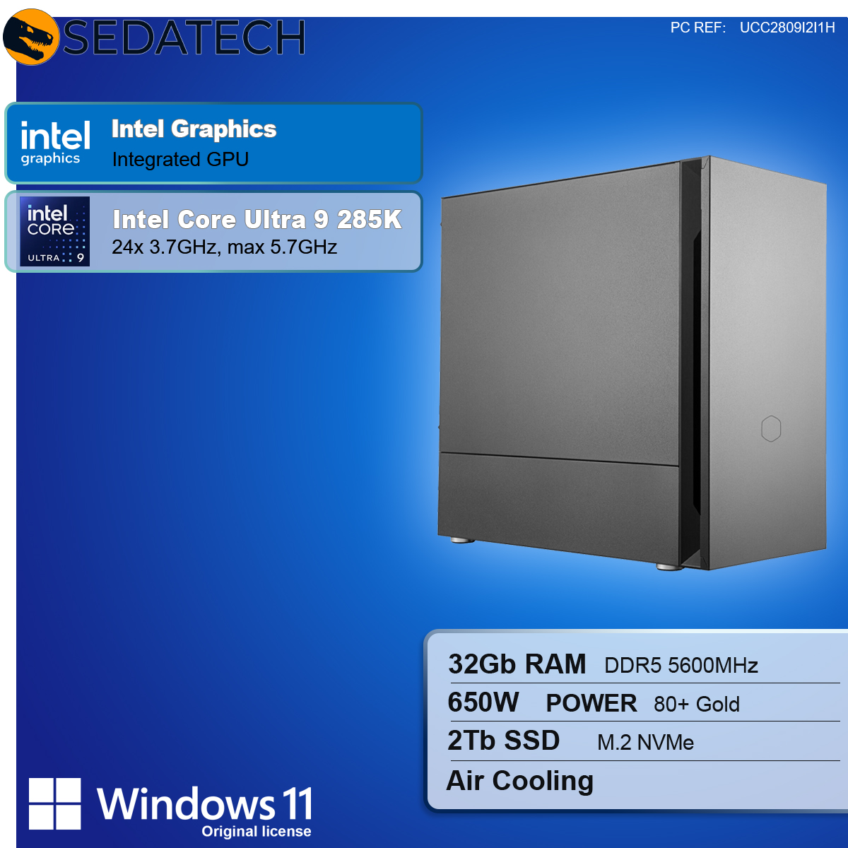 Un case per PC grigio con loghi Intel e Windows 11. Le specifiche includono 32 GB di RAM, alimentatore da 650 W e SSD da 2 TB.