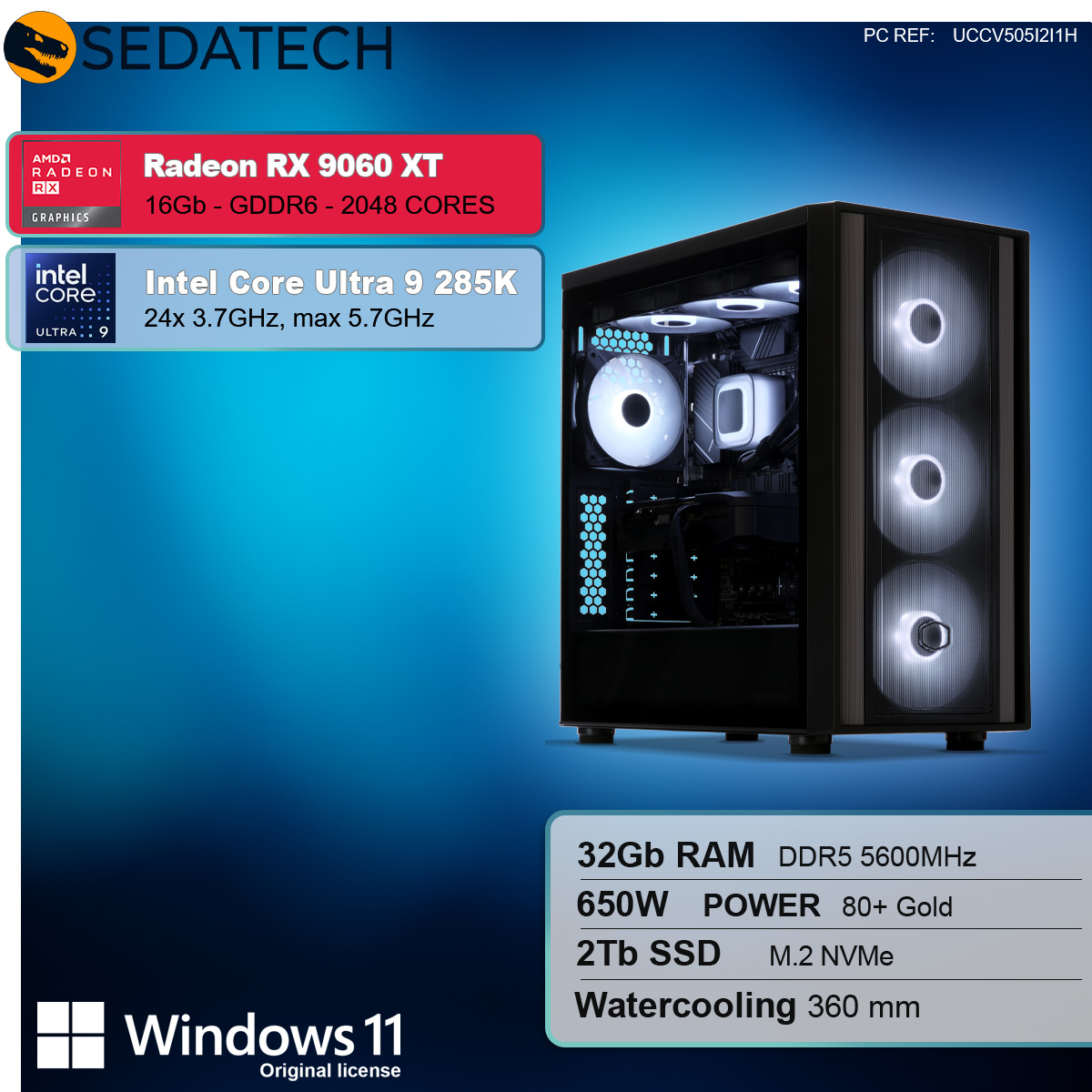 Ein Computergehäuse mit Glasseitenwand. Innen sind wassergekühlte CPU und GPU sichtbar. Spezifikationen umfassen Radeon RX 9060 XT und Intel Core Ultra 9.