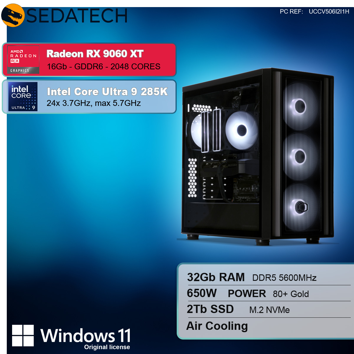 Obudowa komputera z podświetlanymi wentylatorami. Specyfikacje: Radeon RX 9060 XT, Intel Core Ultra 9, 32 GB RAM, 2 TB SSD i Windows 11.