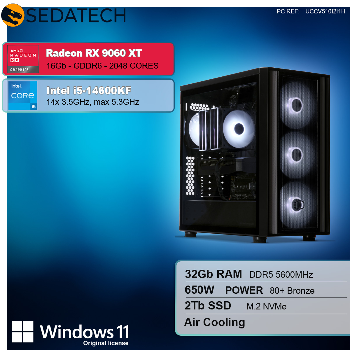 Un case per computer con pannello in vetro, ventole illuminate e dettagli hardware come Radeon RX 9060 XT e Intel i5-14600KF.