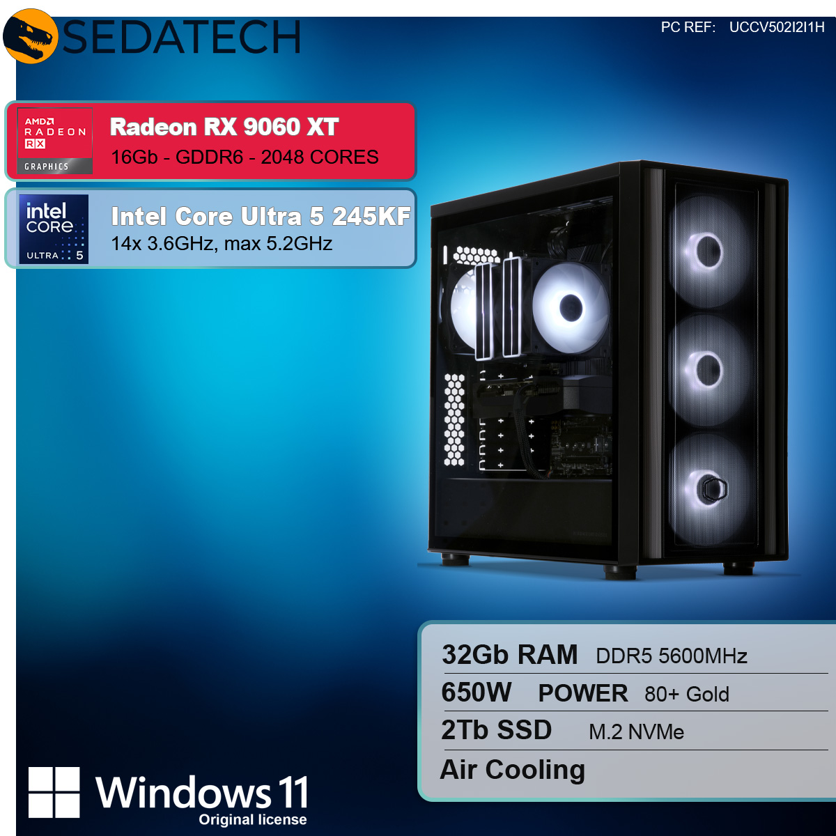 Ein Computergehäuse mit beleuchteten Lüftern. Spezifikationen: Radeon RX 9060 XT, Intel Core Ultra 5, 32 GB RAM, 2 TB SSD und Windows 11.